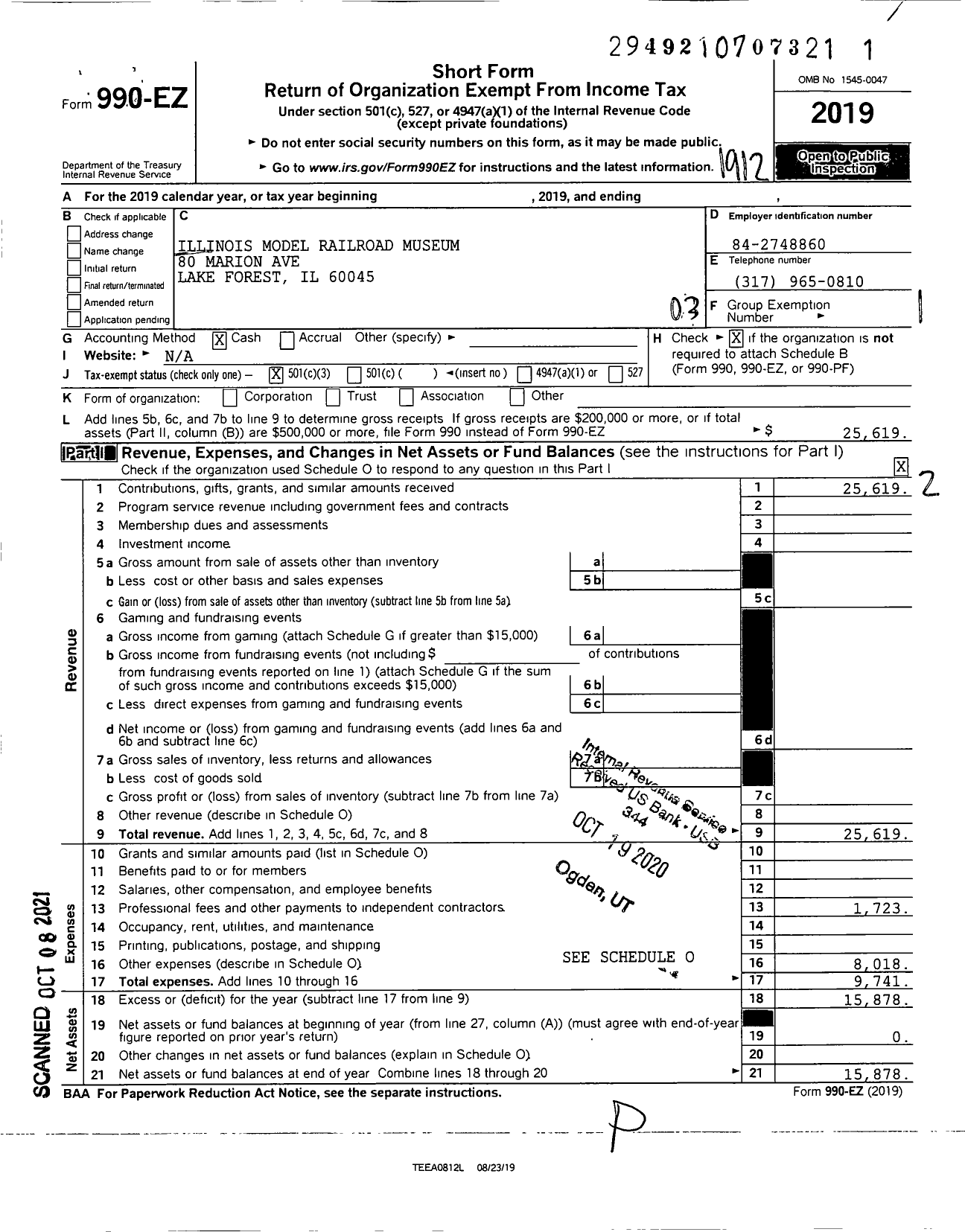 Image of first page of 2019 Form 990EZ for Illinois Model Railroad Museum