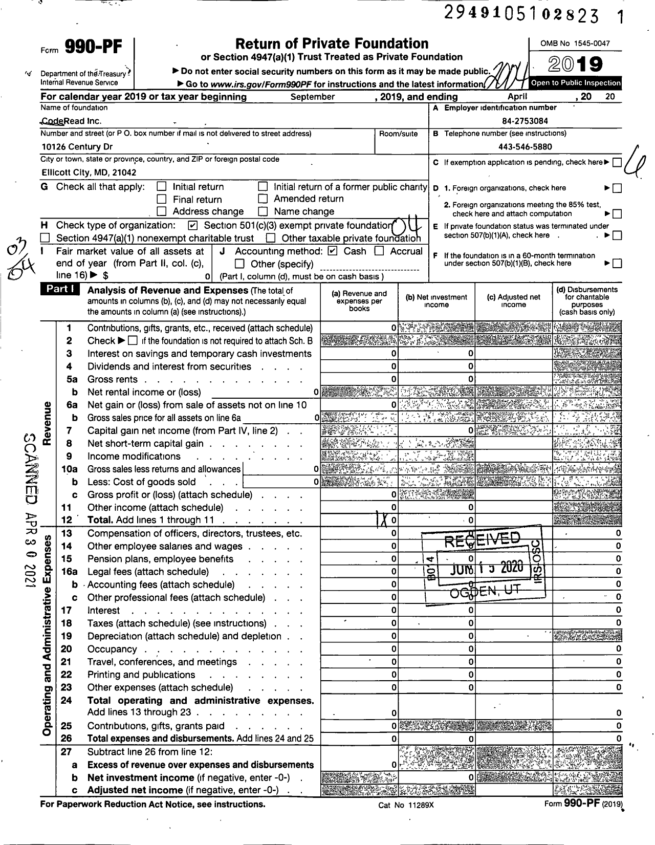 Image of first page of 2019 Form 990PF for Coderead