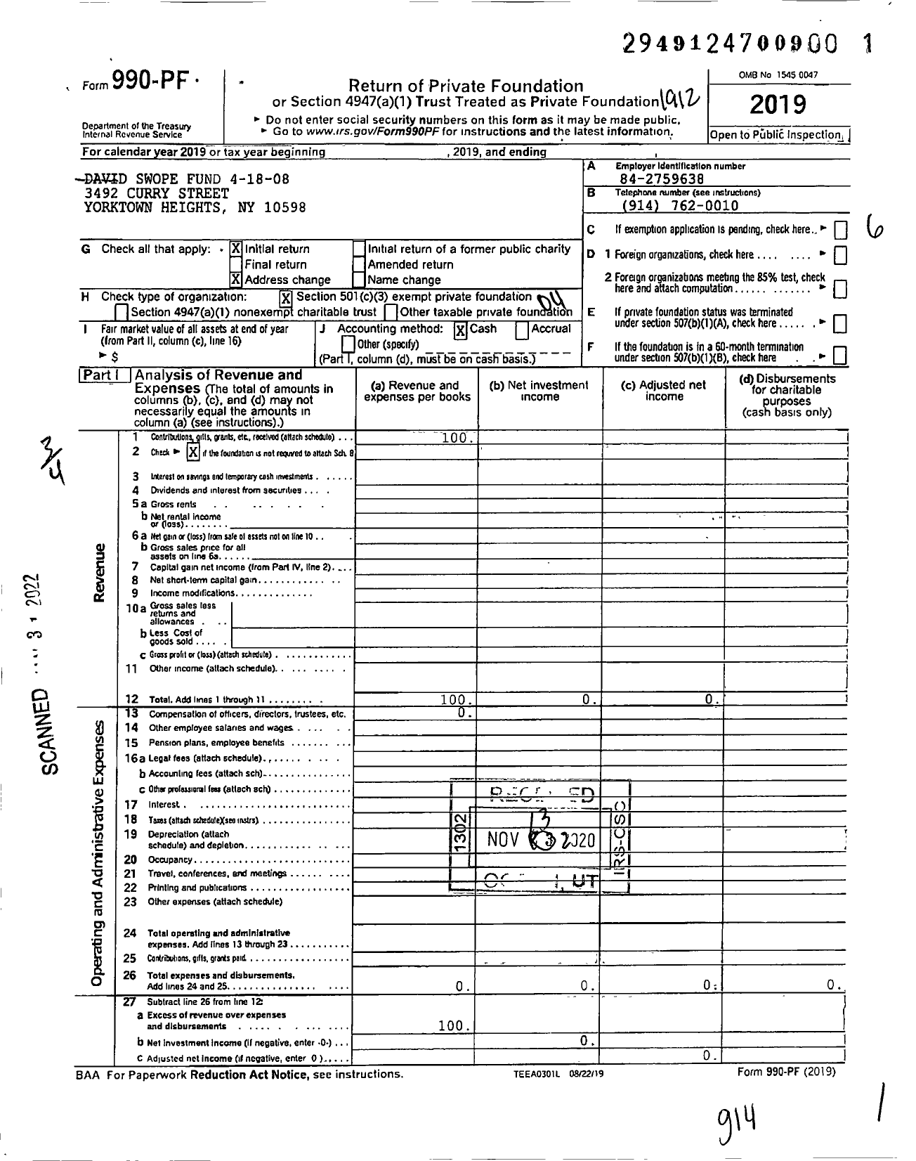 Image of first page of 2019 Form 990PF for David Swope Fund 4-18-08