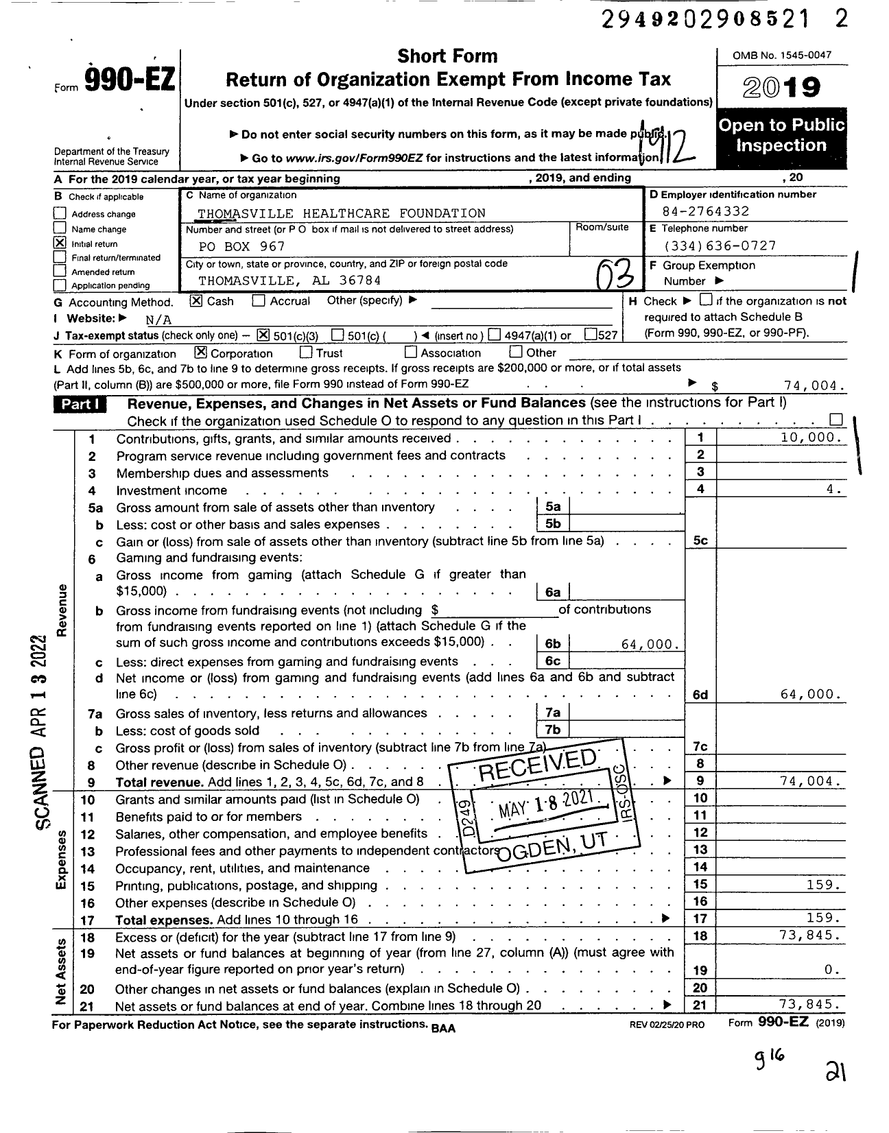 Image of first page of 2019 Form 990EZ for Thomasville Healthcare Foundation