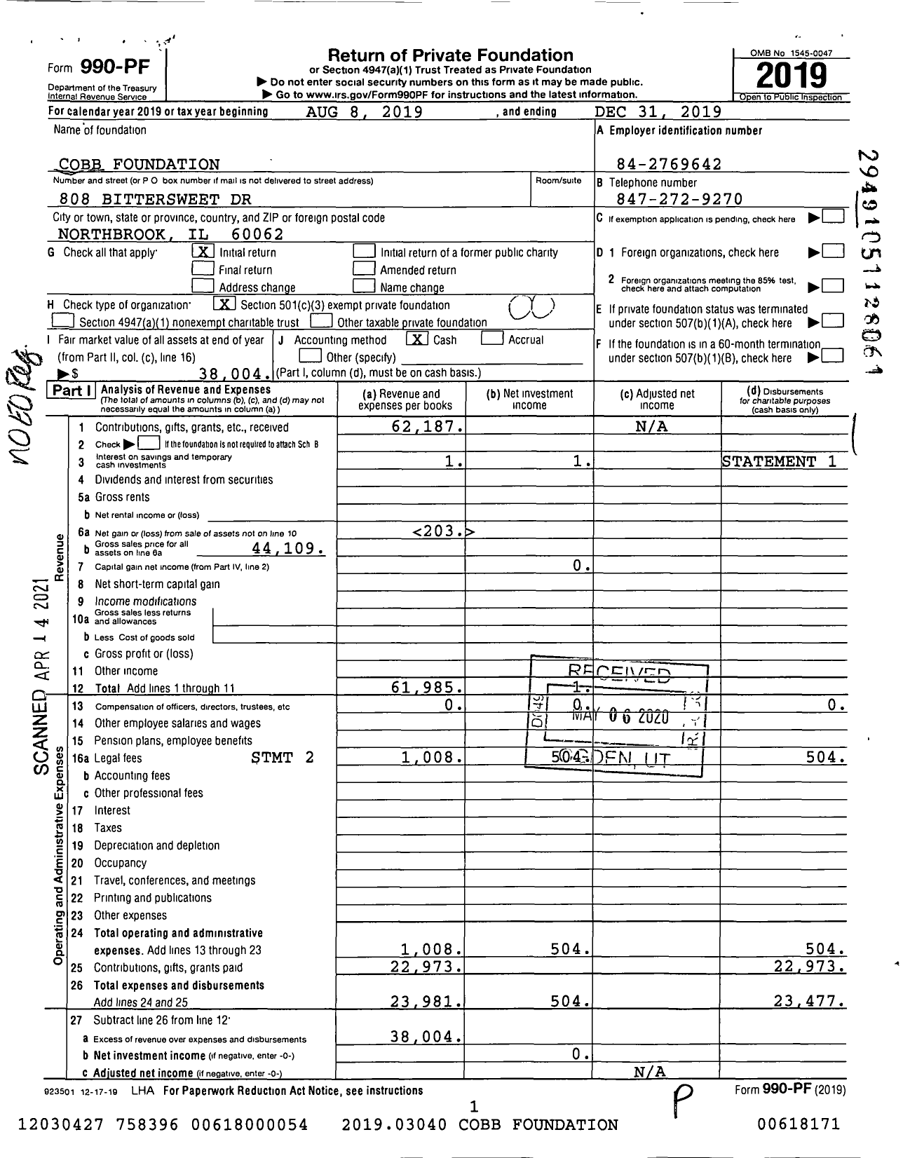 Image of first page of 2019 Form 990PF for Cobb Foundation