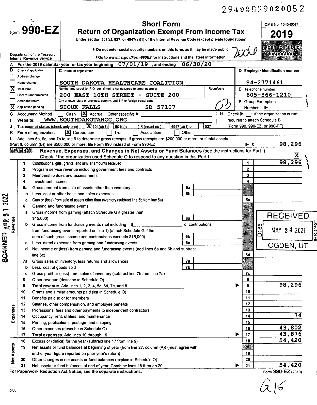 Image of first page of 2019 Form 990EZ for South Dakota Health Care Coalition