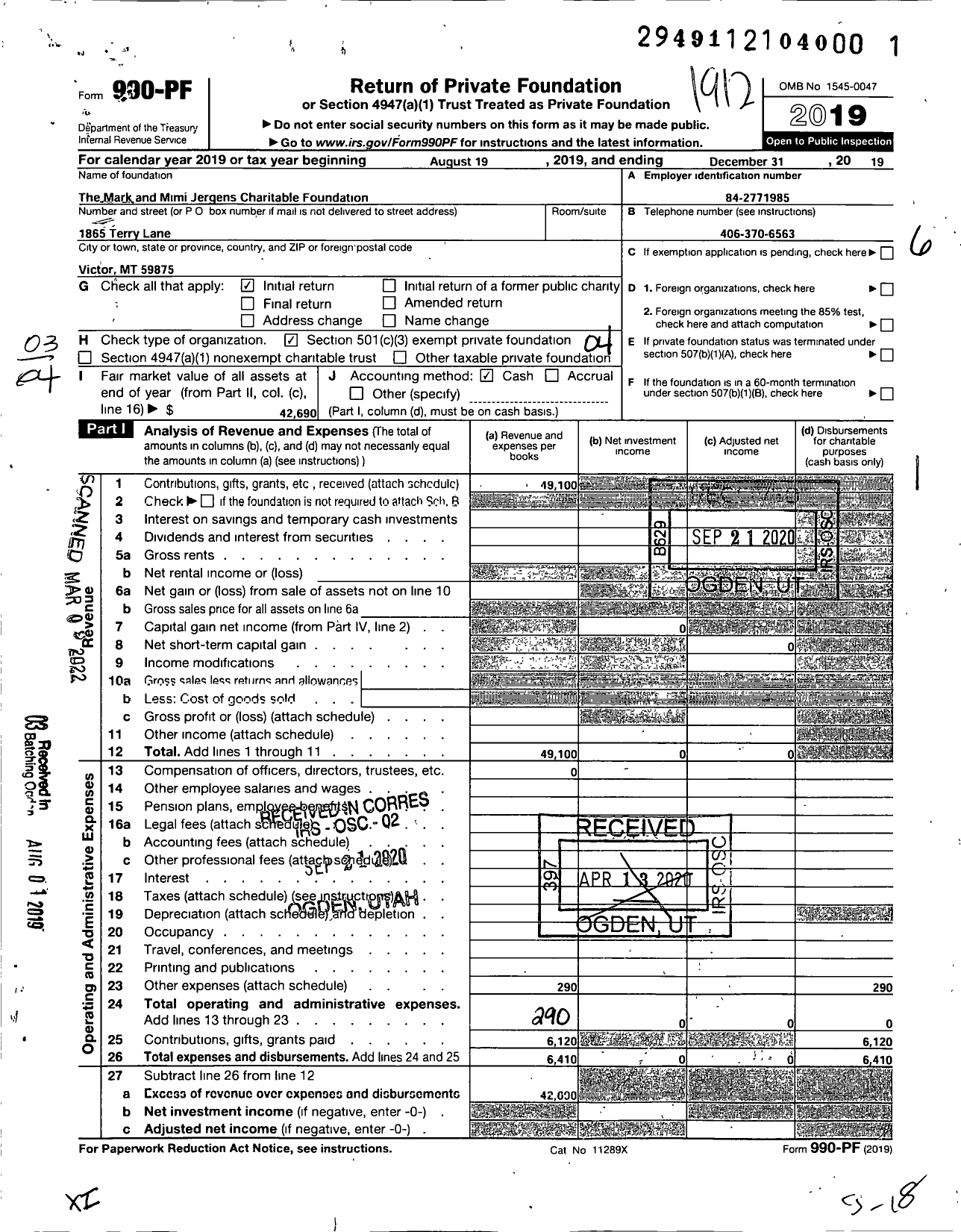 Image of first page of 2019 Form 990PF for Mark and Mimi Jergens Foundation