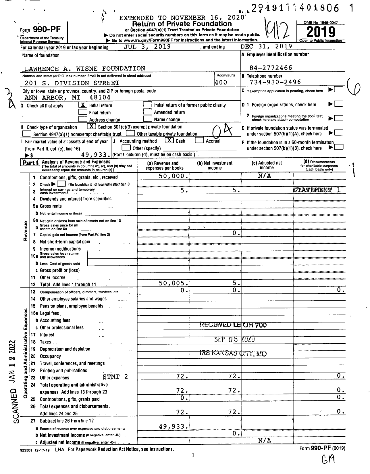 Image of first page of 2019 Form 990PF for Lawrence A Wisne Foundation