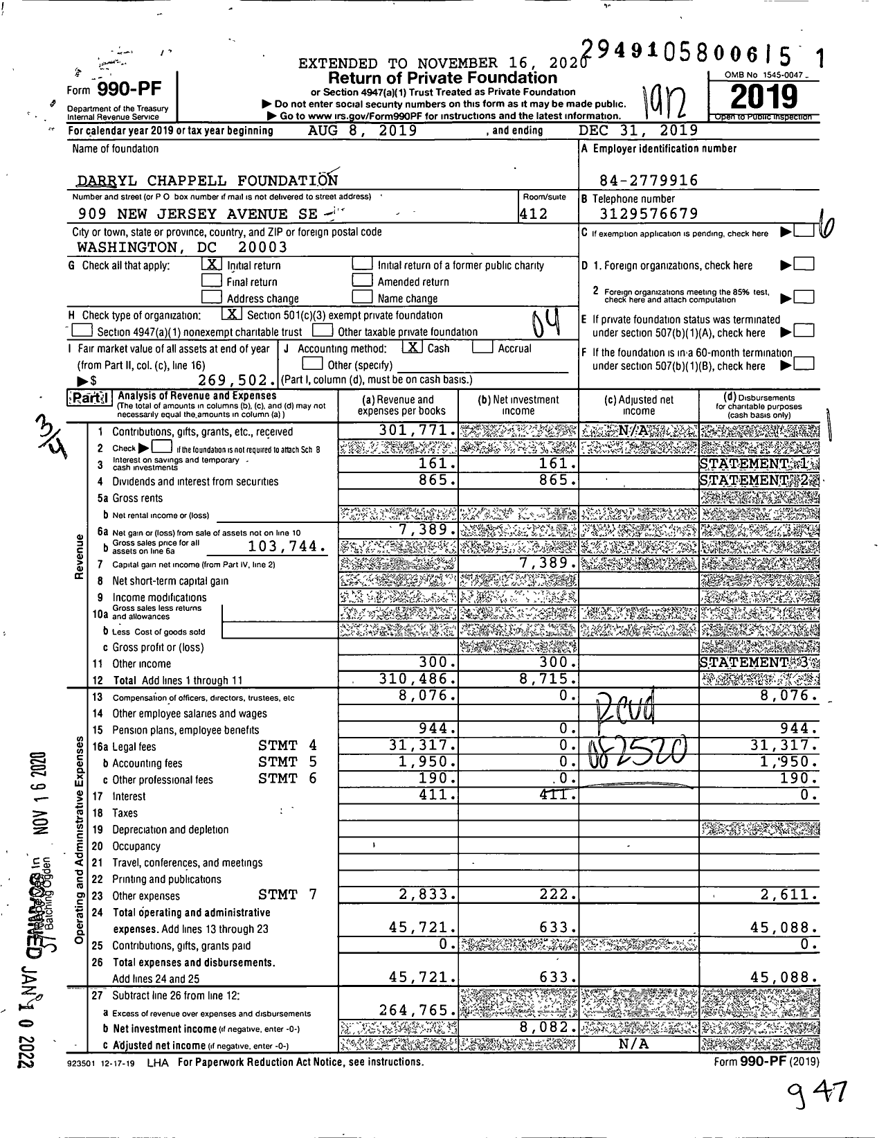 Image of first page of 2019 Form 990PF for Darryl Chappell Foundation