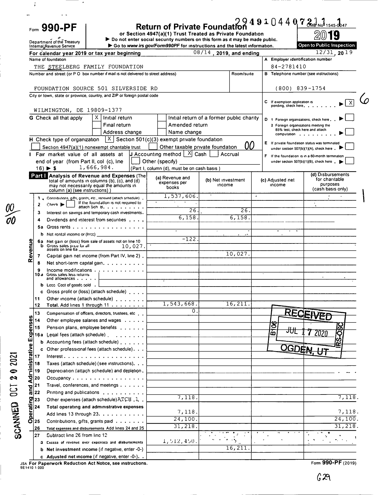 Image of first page of 2019 Form 990PF for The Steelberg Family Foundation