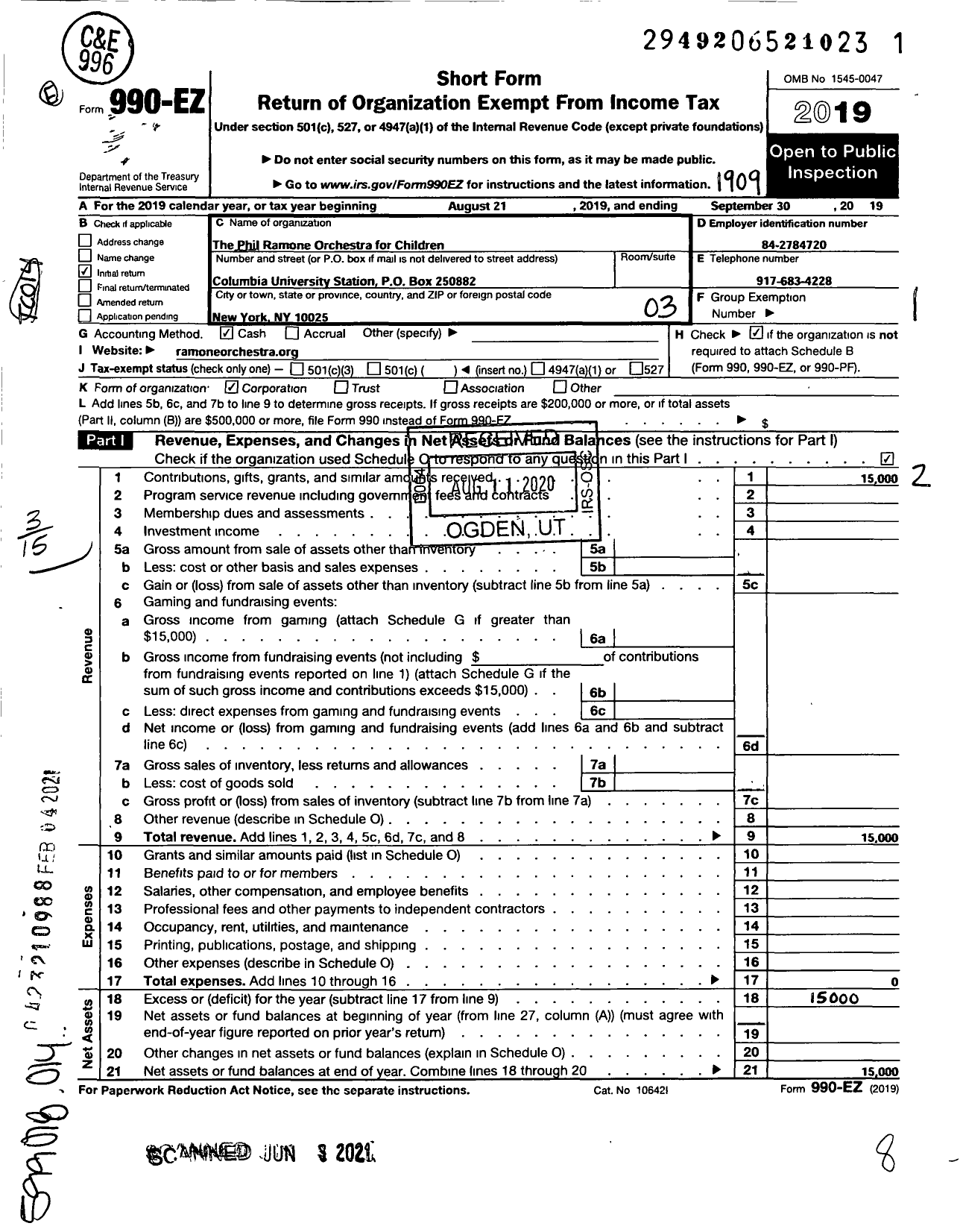 Image of first page of 2018 Form 990EZ for The Phil Ramone Orchestra for Children