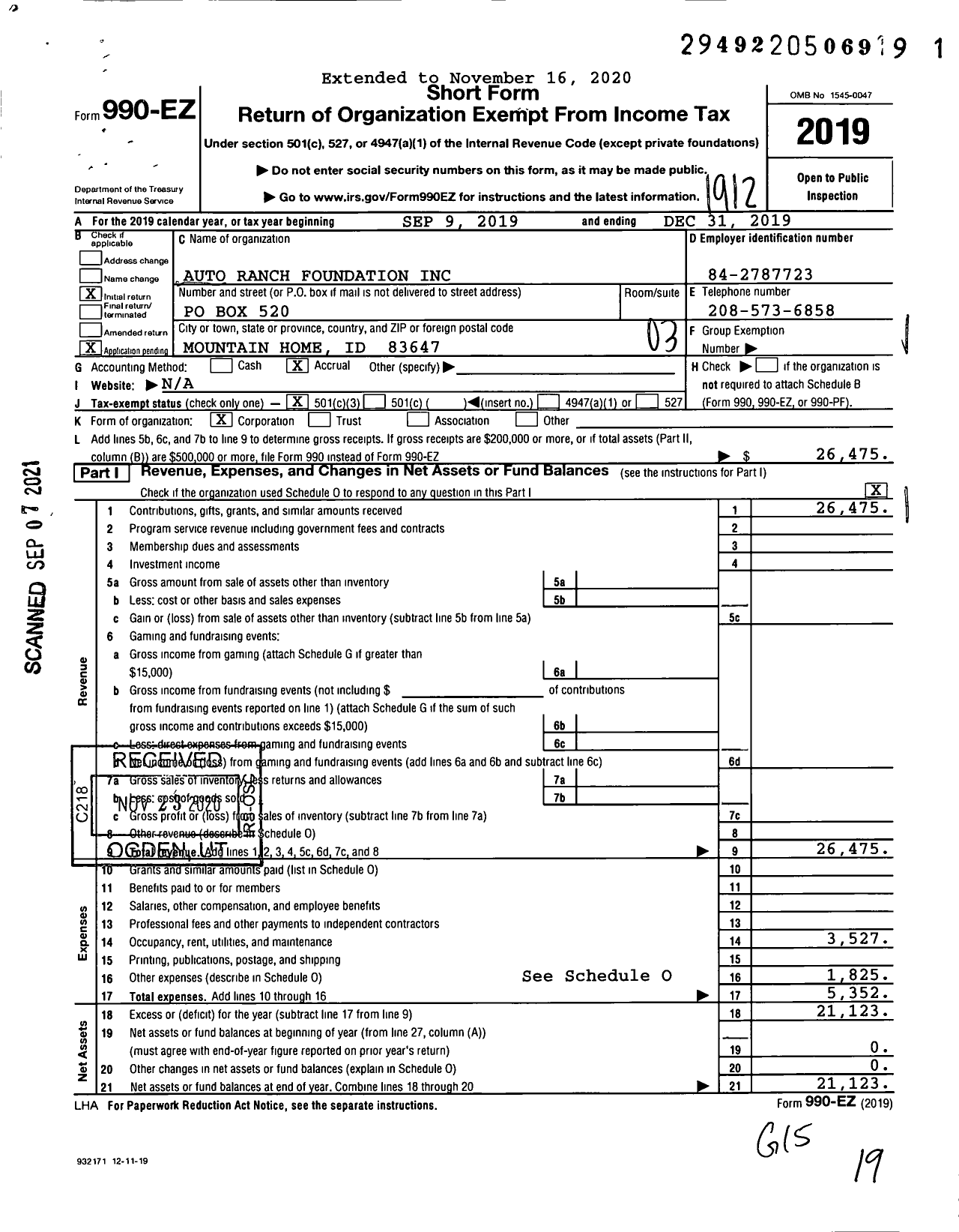 Image of first page of 2019 Form 990EZ for Auto Ranch Foundation