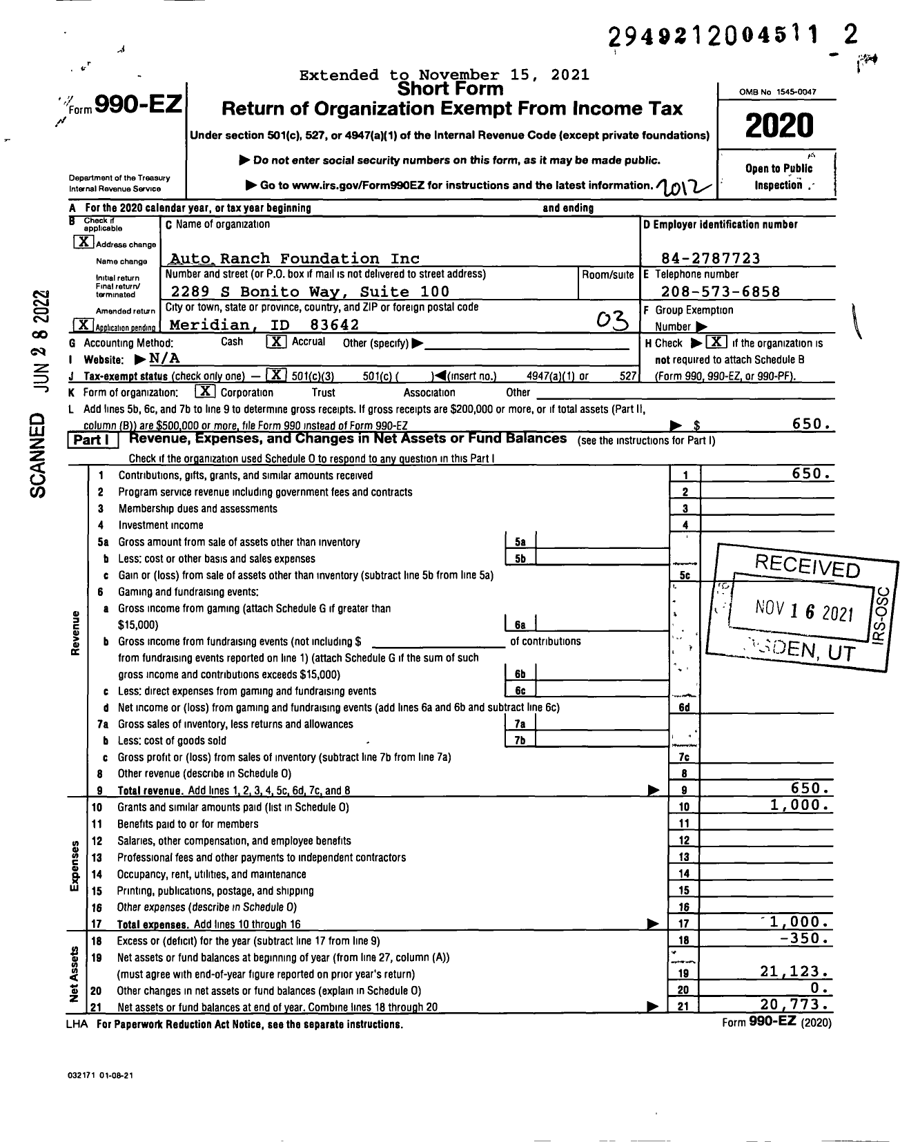 Image of first page of 2020 Form 990EZ for Auto Ranch Foundation