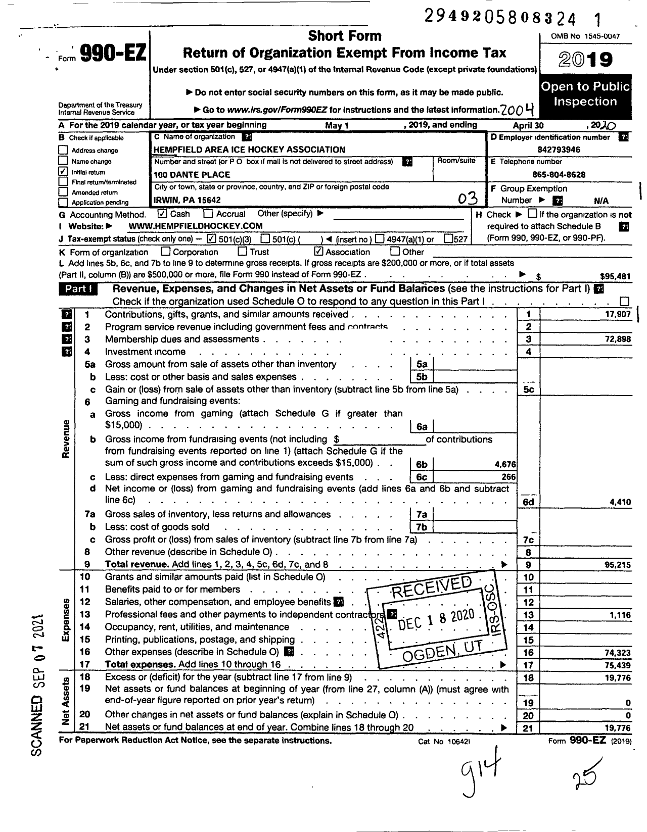 Image of first page of 2019 Form 990EZ for Hempfield Area Ice Hockey Association