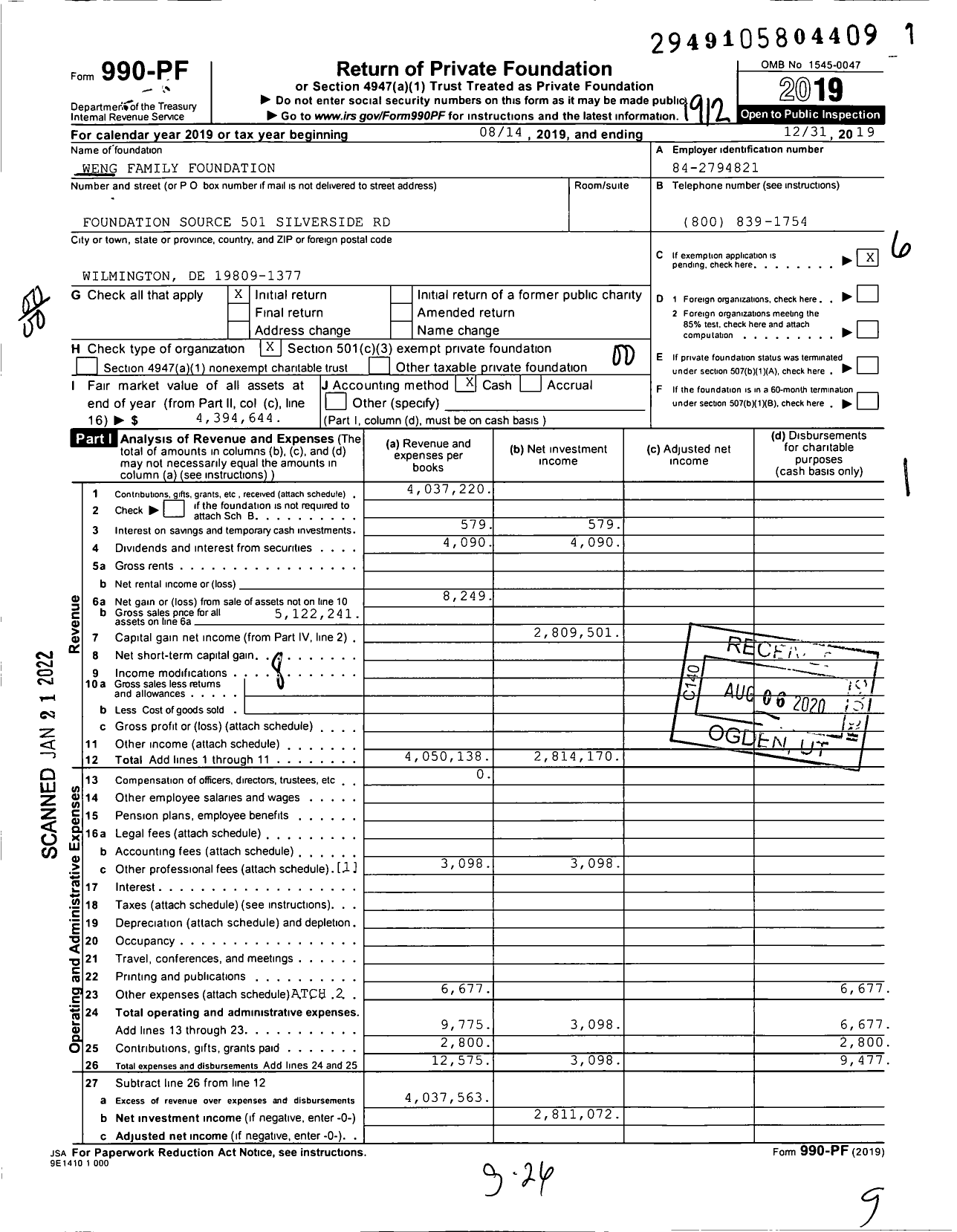 Image of first page of 2019 Form 990PF for Weng Family Foundation