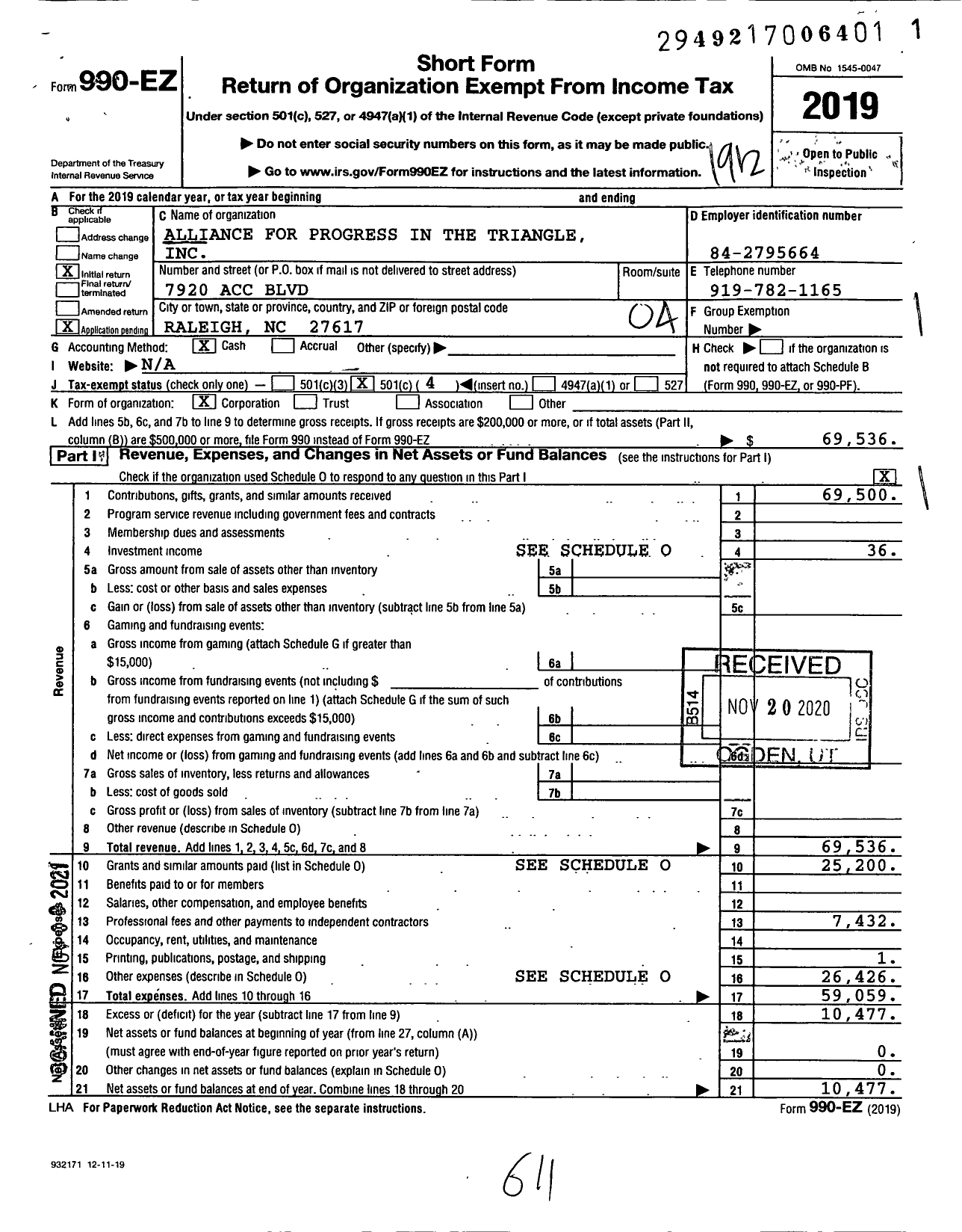 Image of first page of 2019 Form 990EO for Alliance for Progress in the Triangle