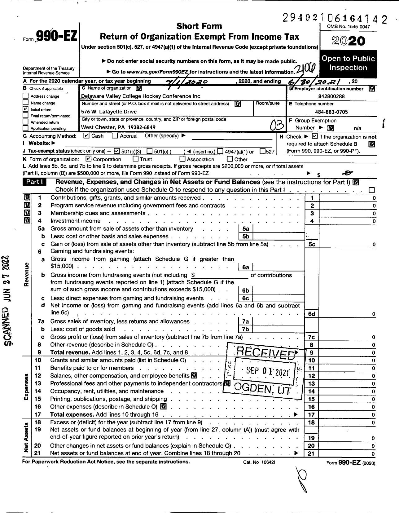 Image of first page of 2020 Form 990EZ for Non-Profit / Delaware Valley College Hockey Conference