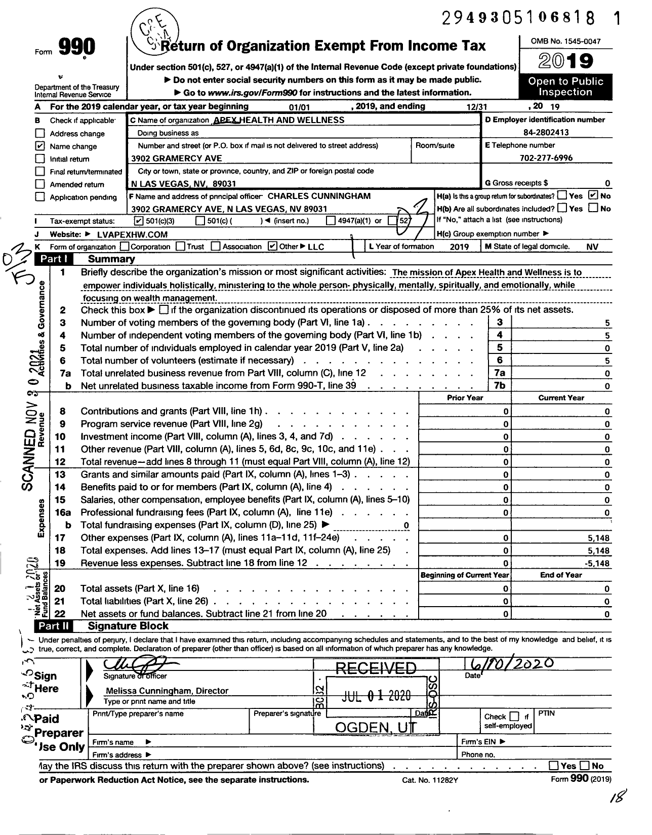 Image of first page of 2019 Form 990 for Apex Health and Wellness