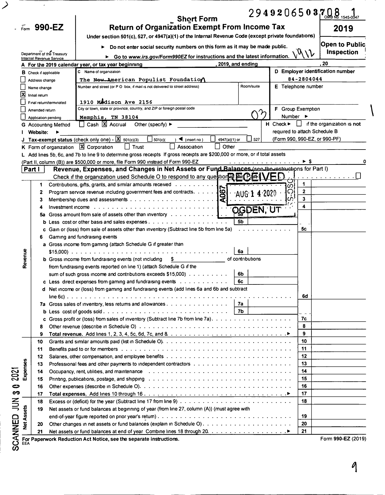 Image of first page of 2019 Form 990EZ for The New American Populist Foundation