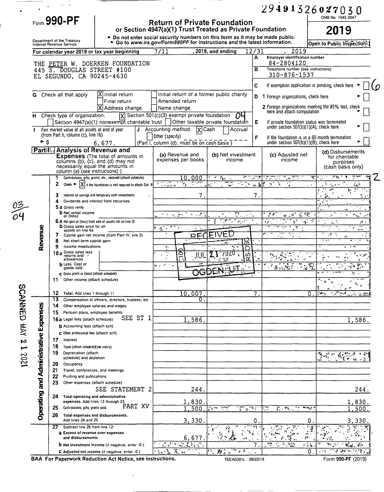 Image of first page of 2019 Form 990PF for The Peter W Doerken Foundation