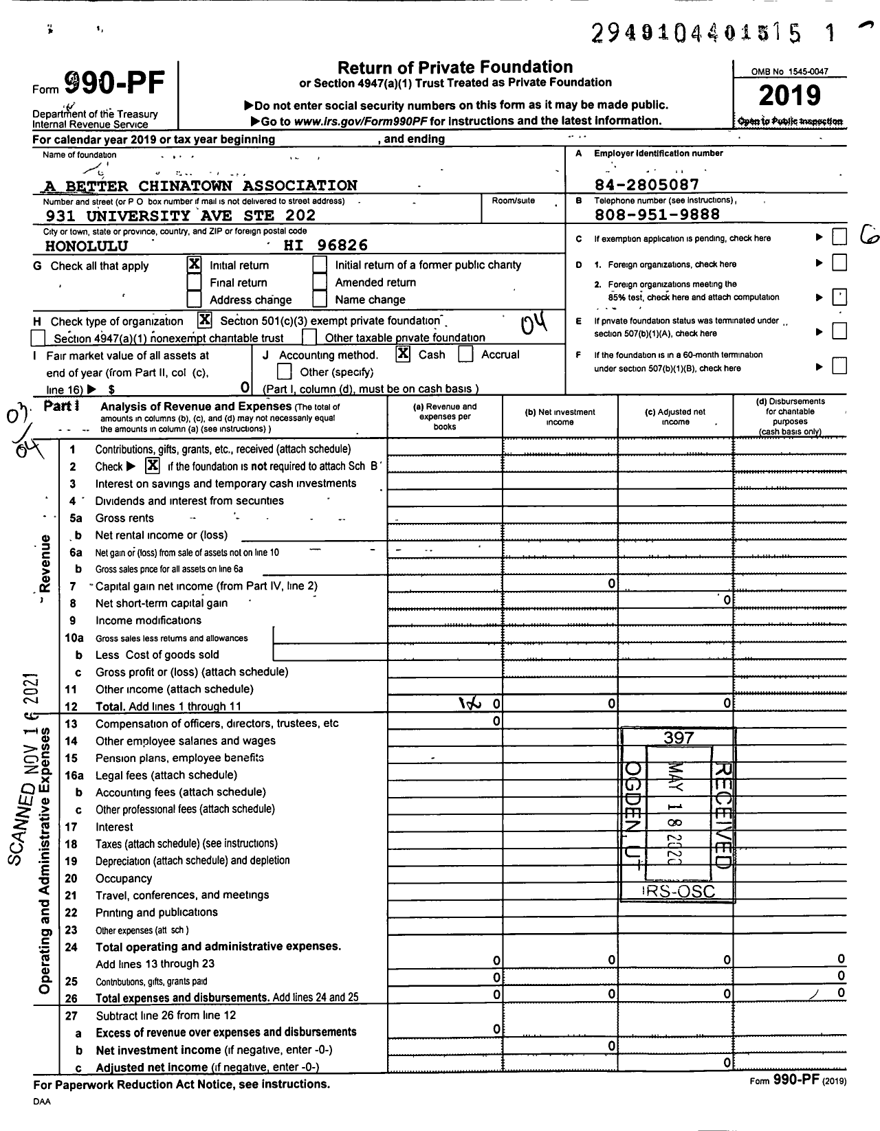 Image of first page of 2019 Form 990PF for A Better Chinatown Association