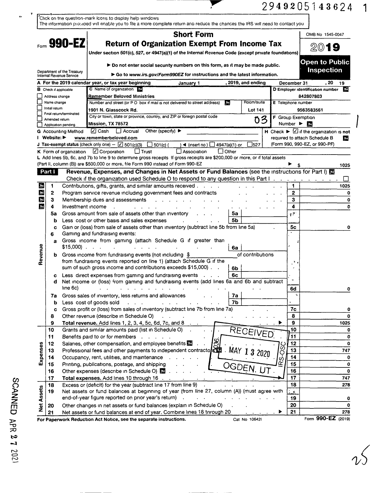 Image of first page of 2019 Form 990EZ for Remember Beloved Ministries (RB)