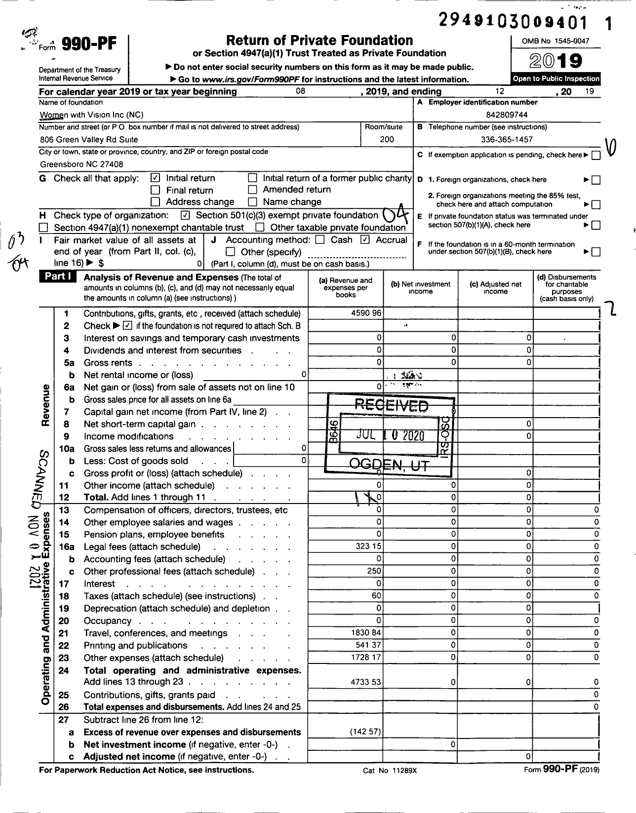 Image of first page of 2019 Form 990PF for Women With Vision