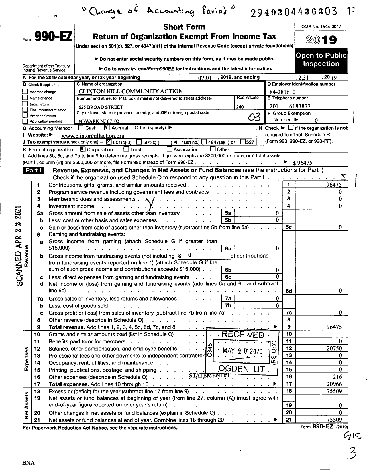 Image of first page of 2019 Form 990EZ for Clinton Hill Community Action