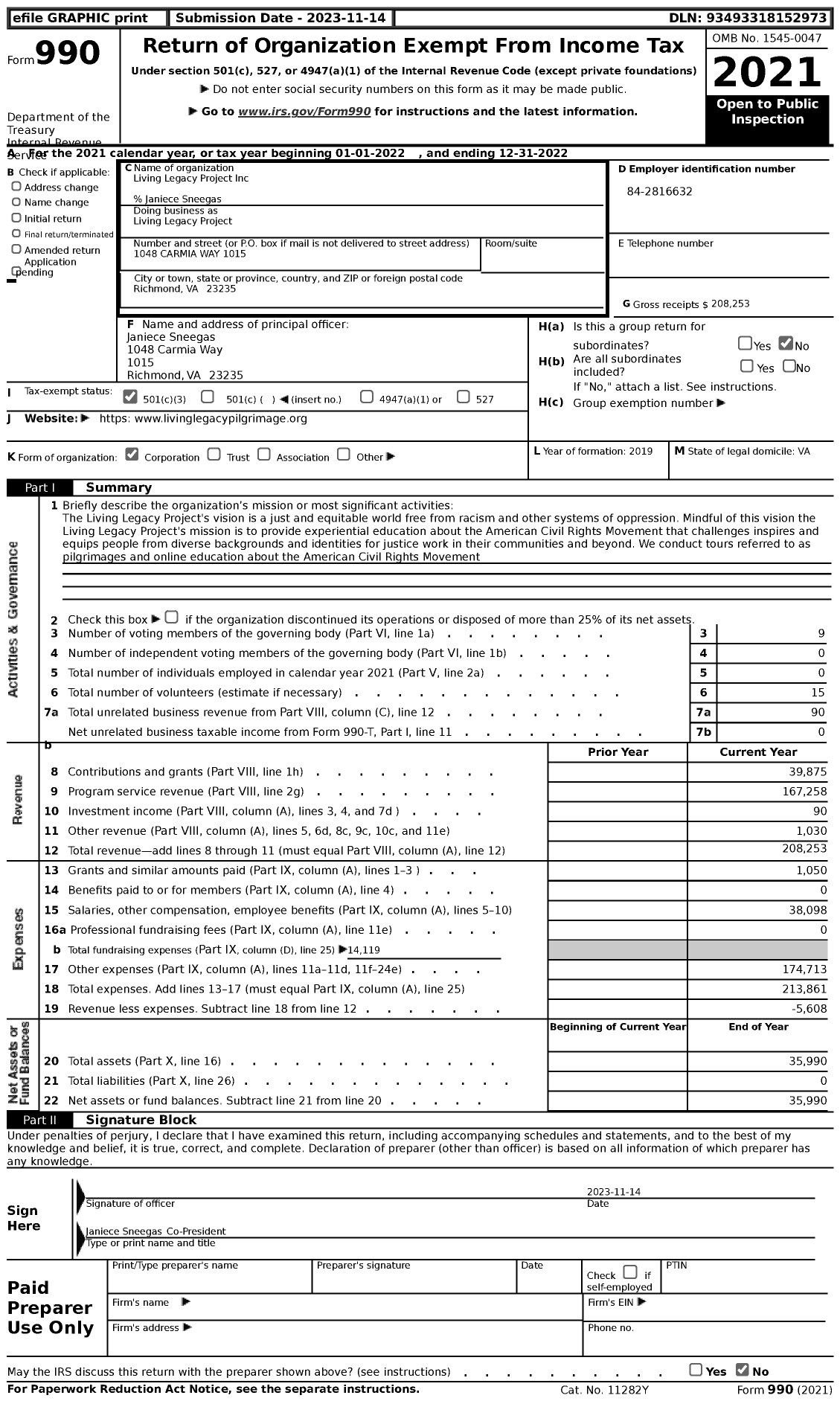 Image of first page of 2022 Form 990 for Living Legacy Project