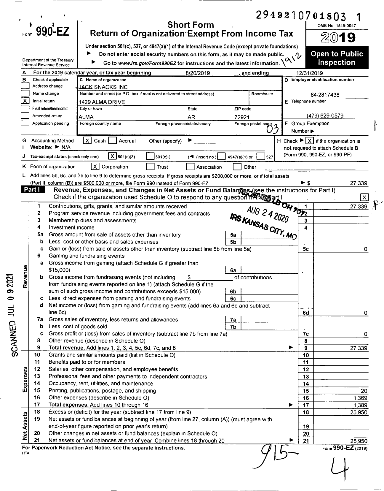 Image of first page of 2019 Form 990EZ for Jack Snacks