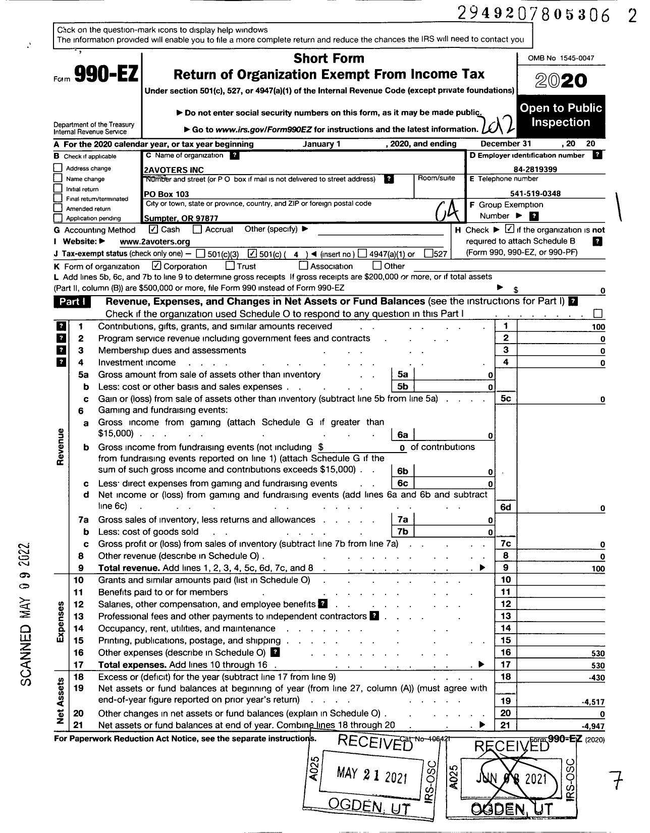 Image of first page of 2020 Form 990EO for 2avoters