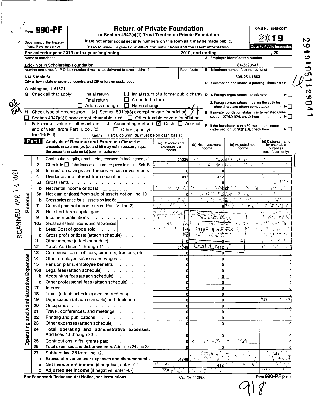 Image of first page of 2019 Form 990PF for Erick Norlin Scholarship Foundation