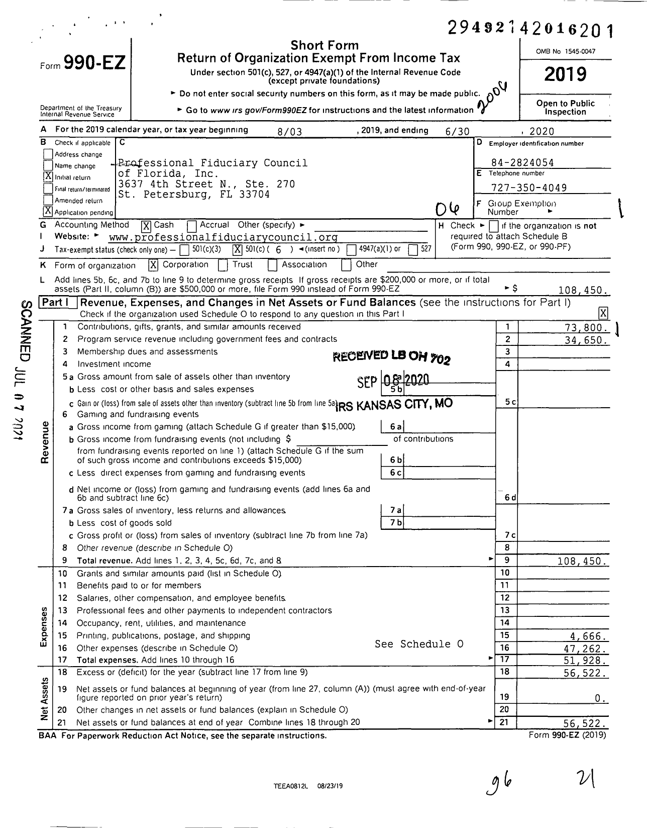 Image of first page of 2019 Form 990EO for Professional Fiduciary Council of Florida