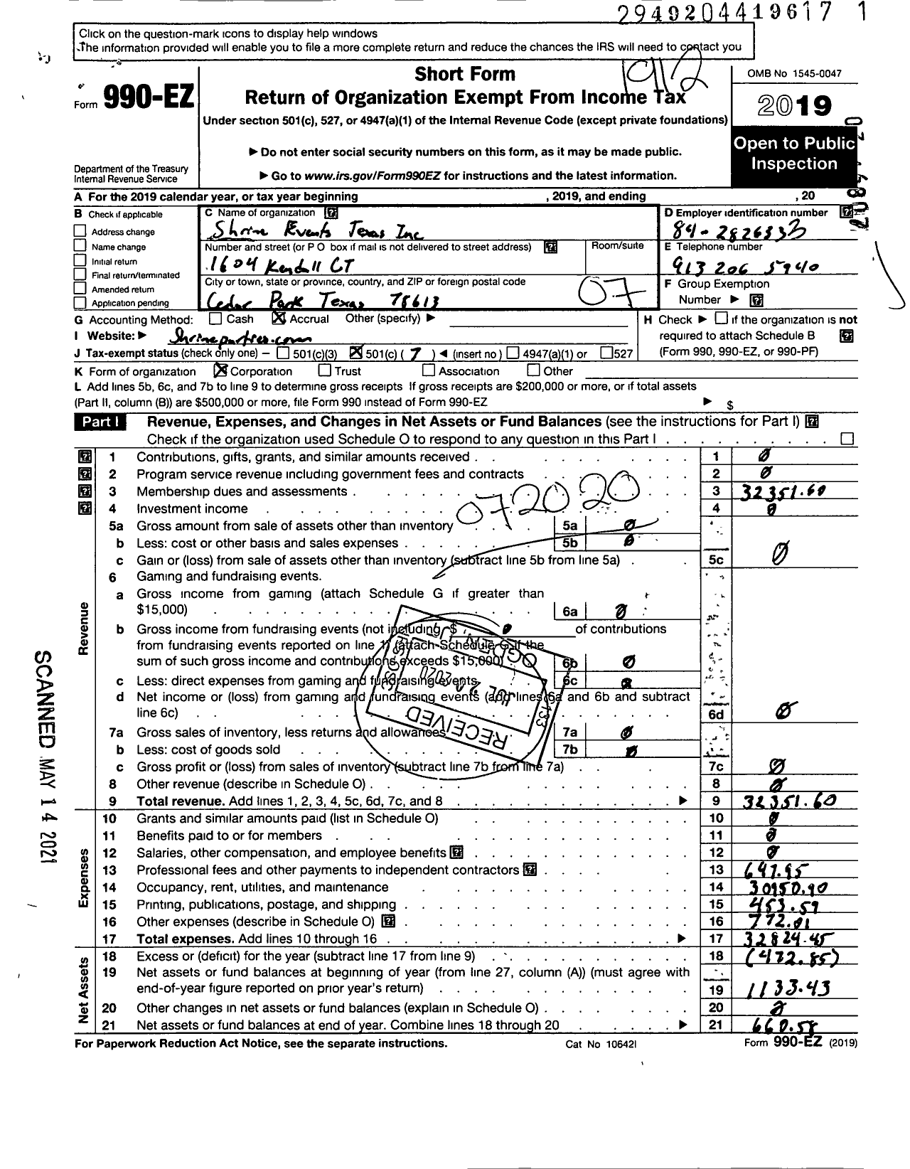 Image of first page of 2019 Form 990EO for Shrine Events Texas