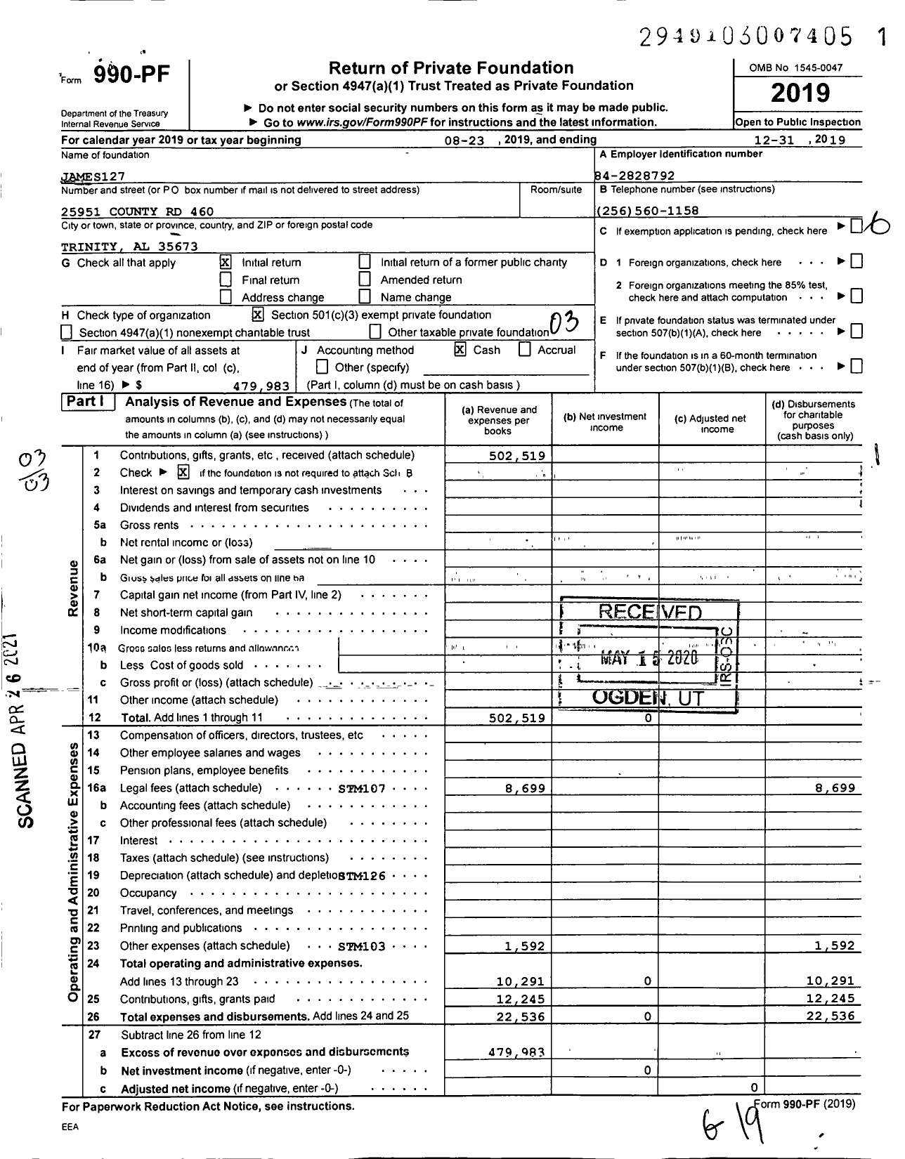 Image of first page of 2019 Form 990PF for James127