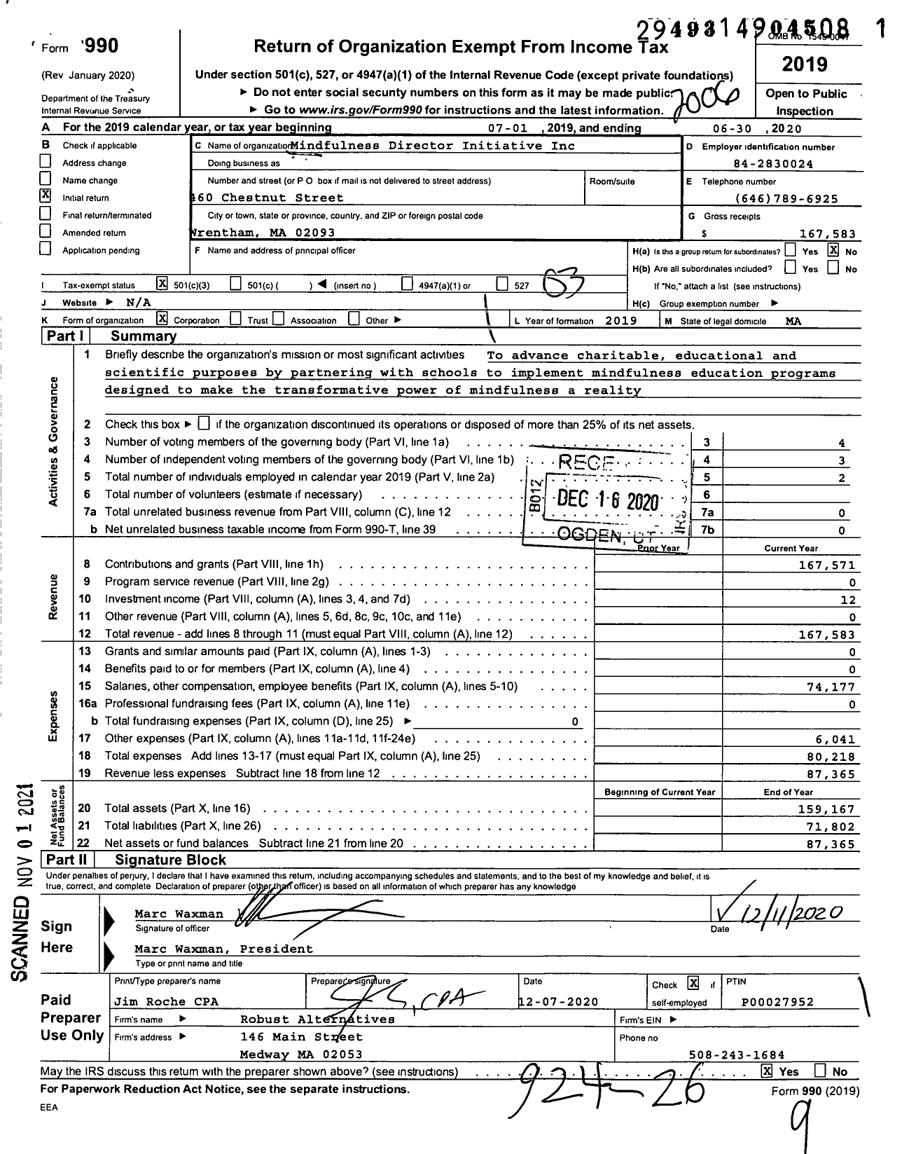 Image of first page of 2019 Form 990 for Wholeschool Mindfulness