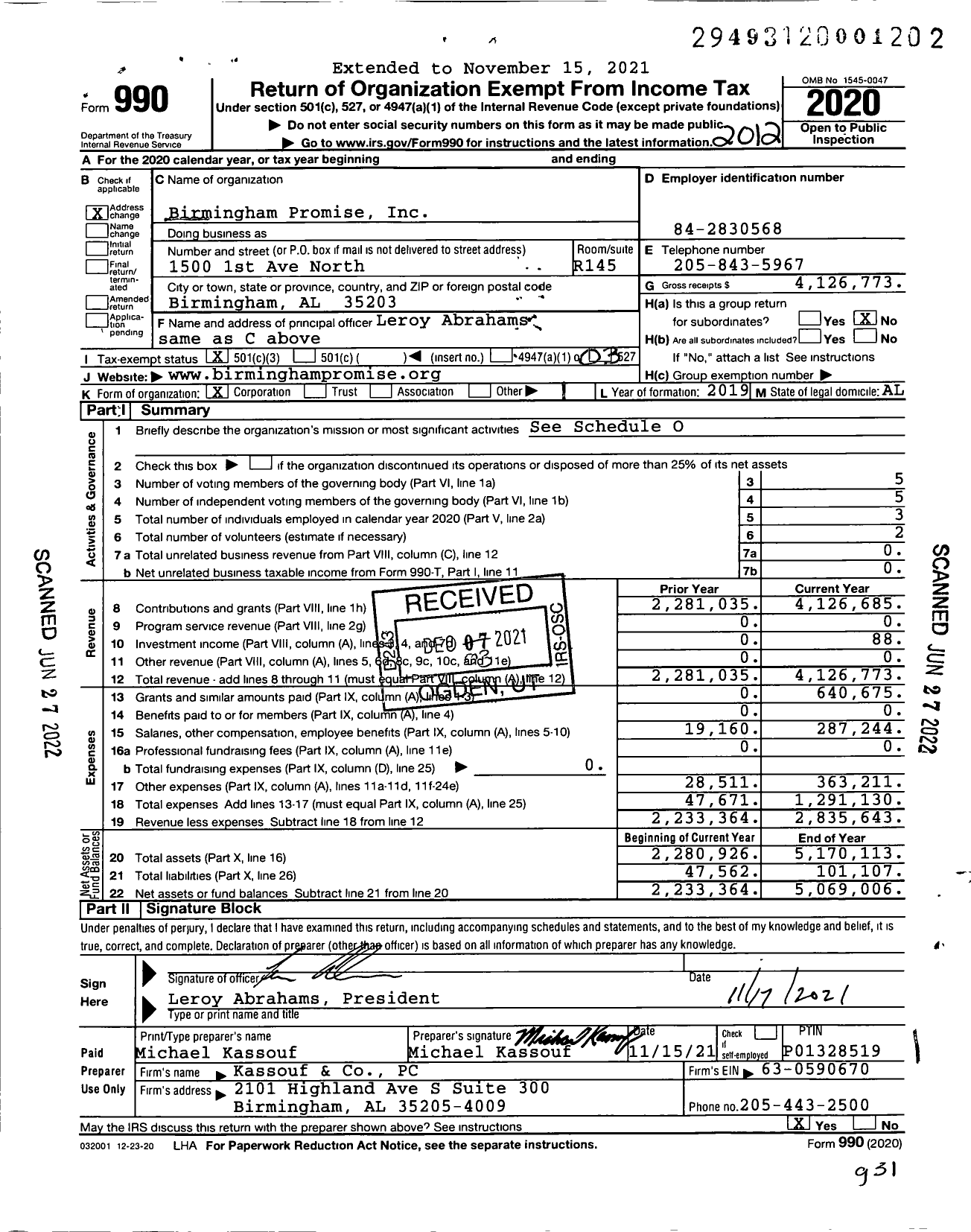 Image of first page of 2020 Form 990 for Birmingham Promise