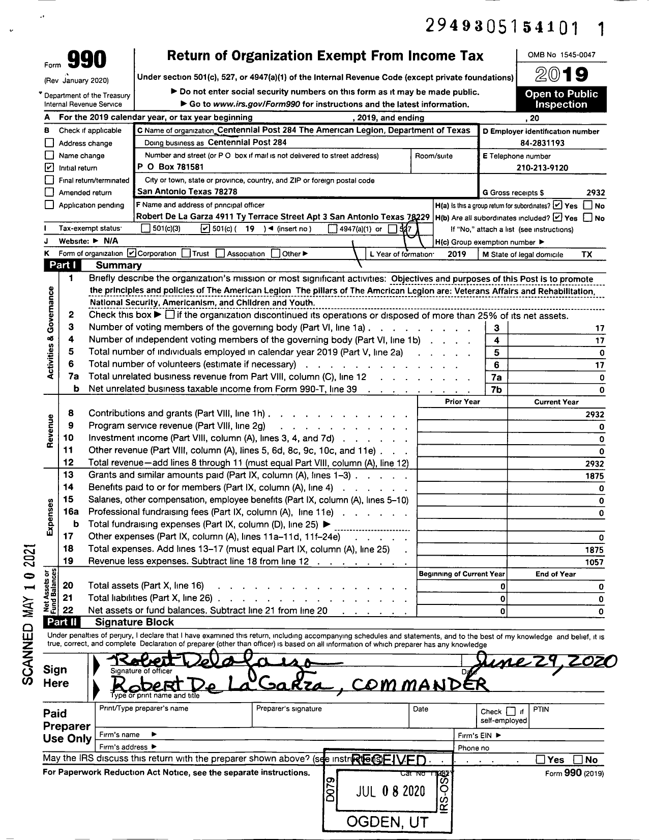 Image of first page of 2019 Form 990O for American Legion - 0284 Centennial