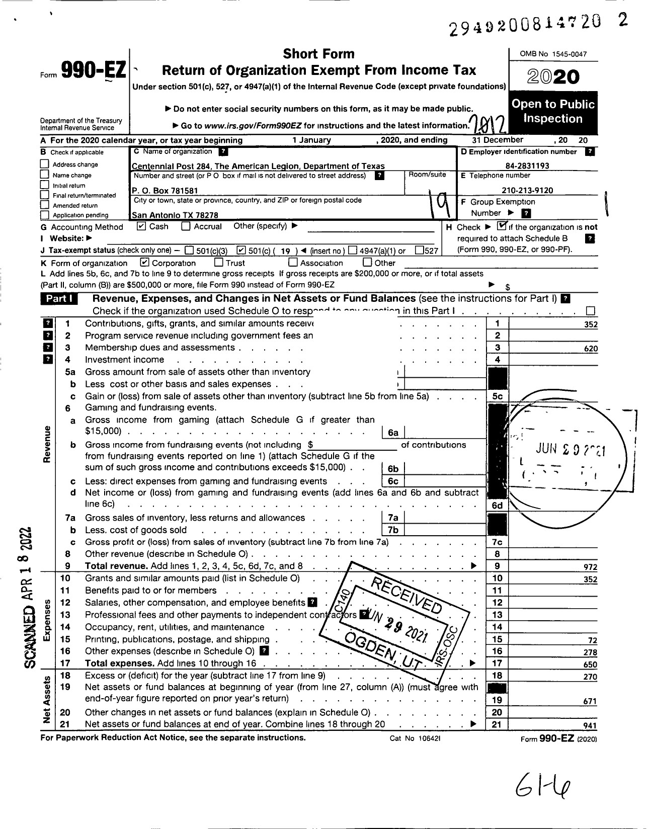 Image of first page of 2020 Form 990EO for American Legion - 0284 Centennial