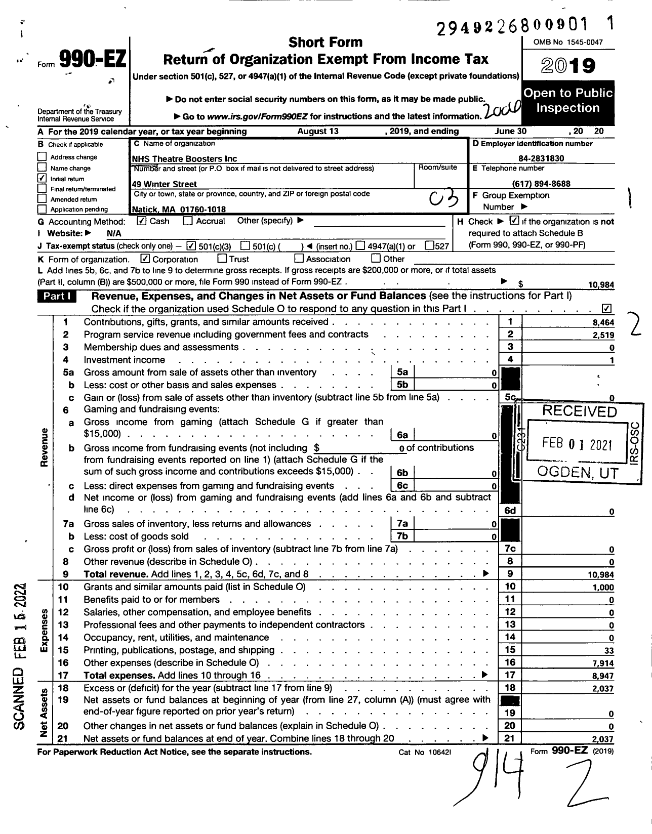 Image of first page of 2019 Form 990EZ for NHS Theatre Boosters