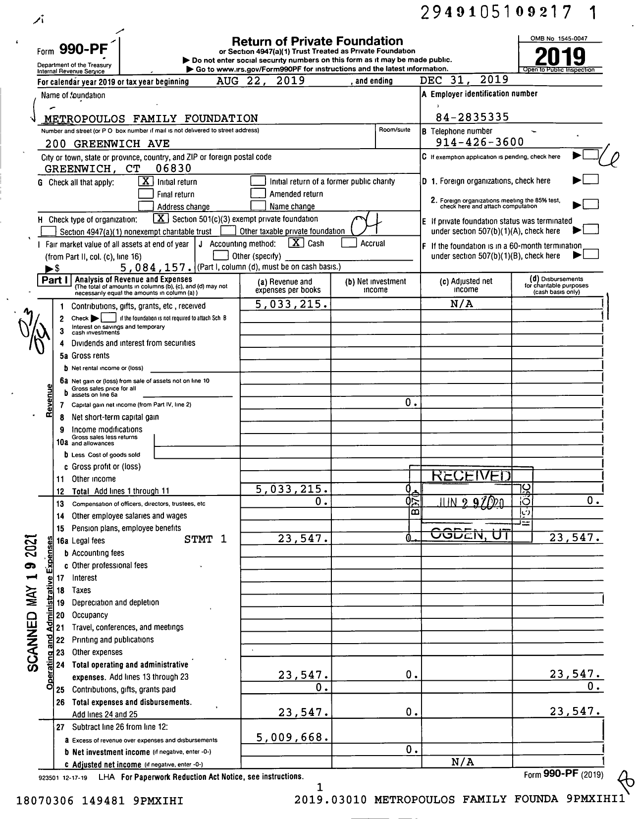 Image of first page of 2019 Form 990PF for Metropoulos Family Foundation