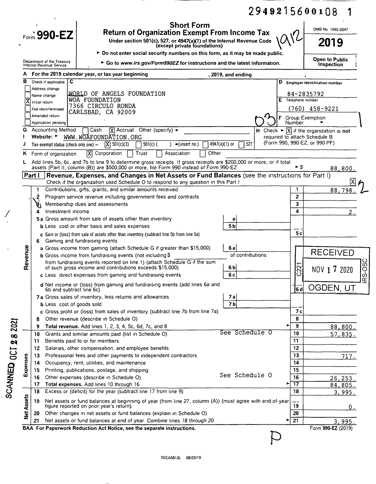 Image of first page of 2019 Form 990EZ for World of Angels Foundation Woa Foundation