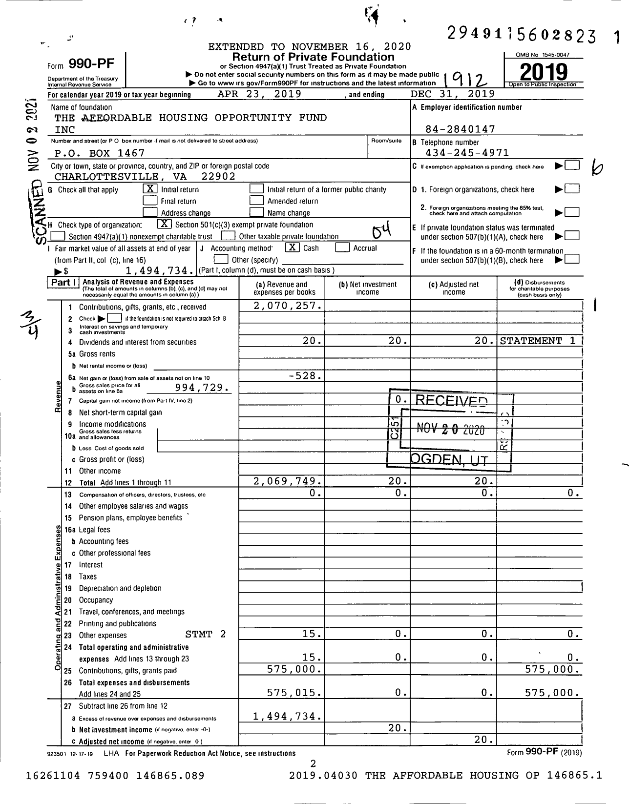 Image of first page of 2019 Form 990PF for The Affordable Housing Opportunity Fund