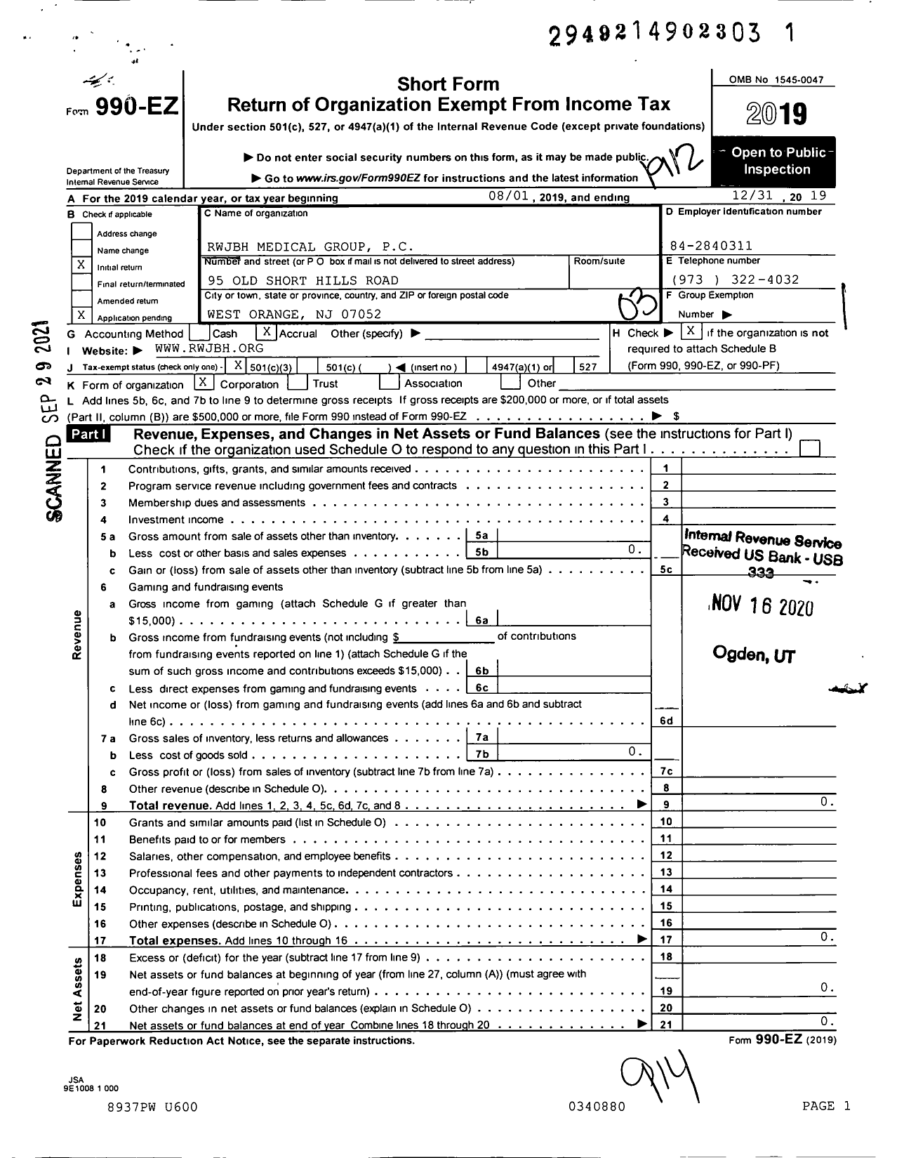 Image of first page of 2019 Form 990EZ for RWJBH Medical Group PC