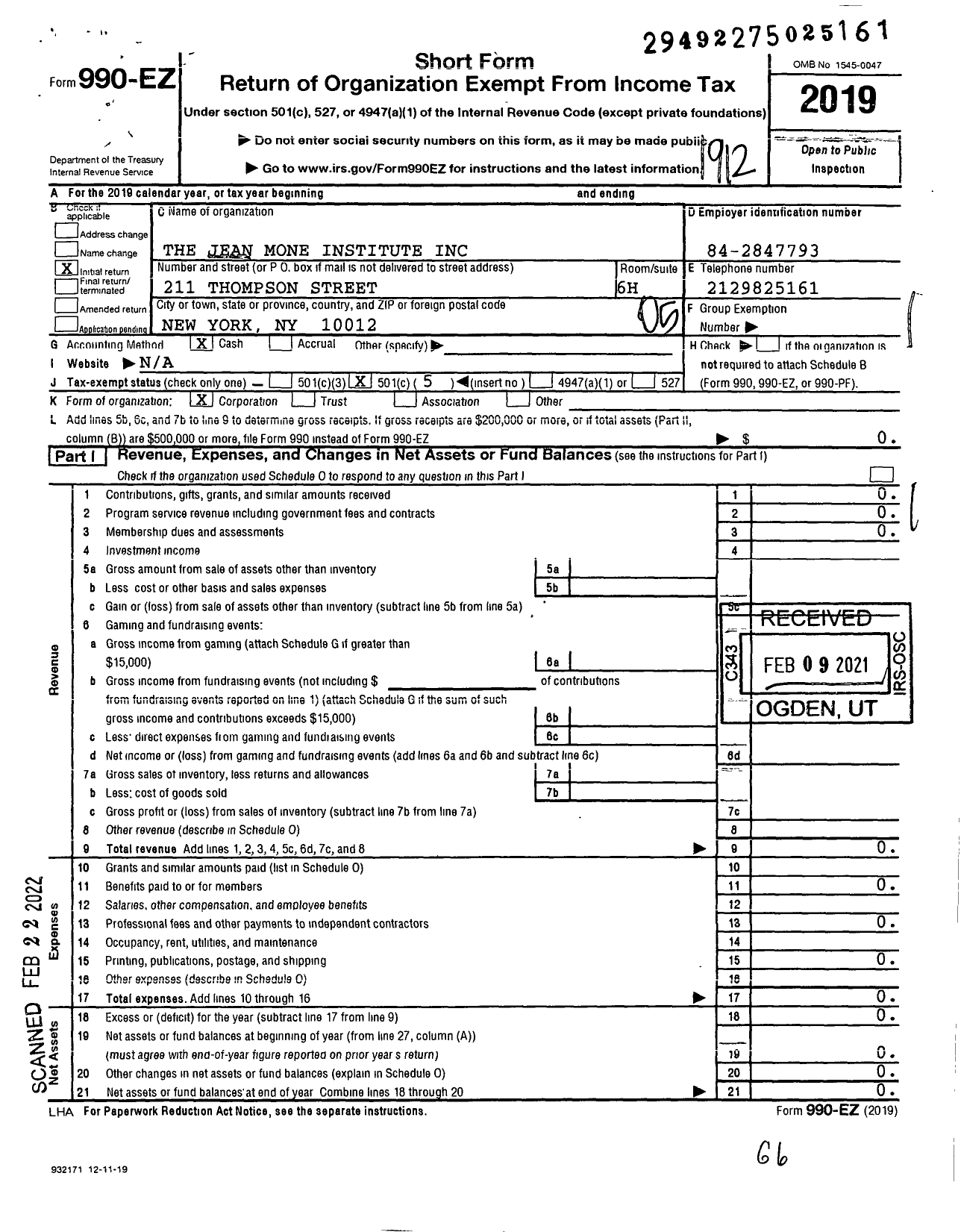 Image of first page of 2019 Form 990EO for The Jean Mone Institute