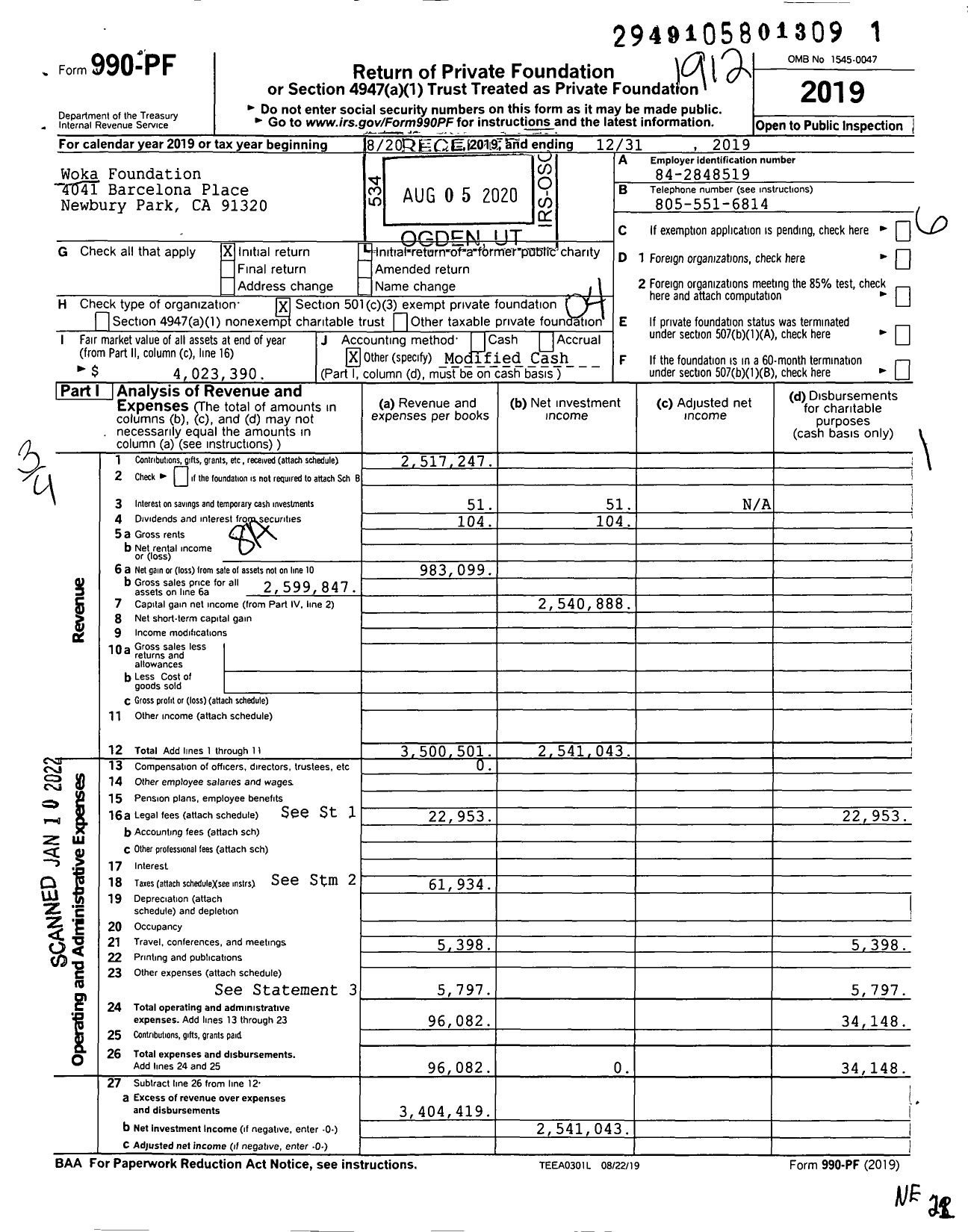 Image of first page of 2019 Form 990PF for Woka Foundation