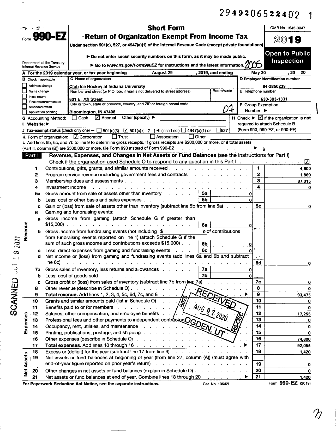 Image of first page of 2019 Form 990EO for Club Ice Hockey at Indiana University