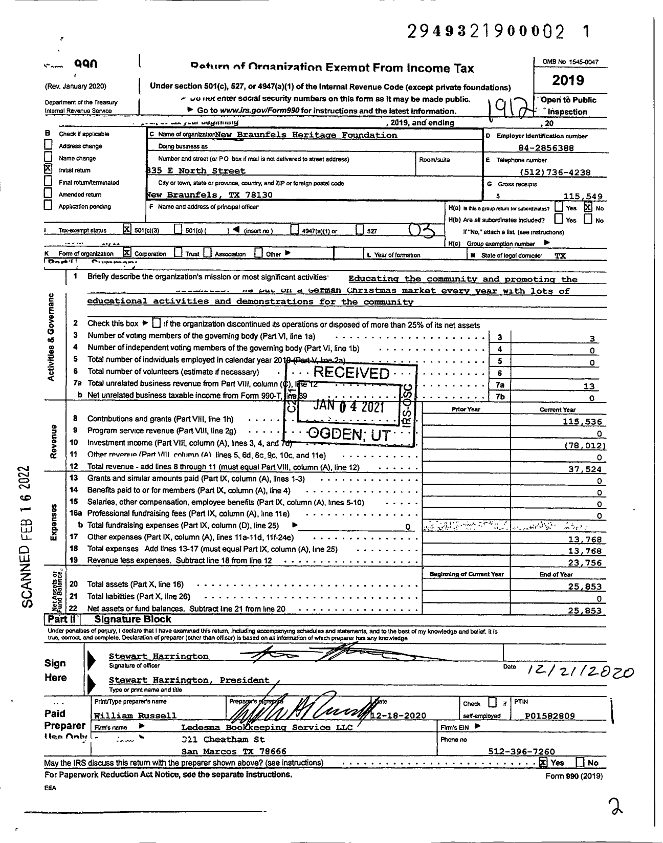 Image of first page of 2019 Form 990 for New Braunfels Heritage Foundation