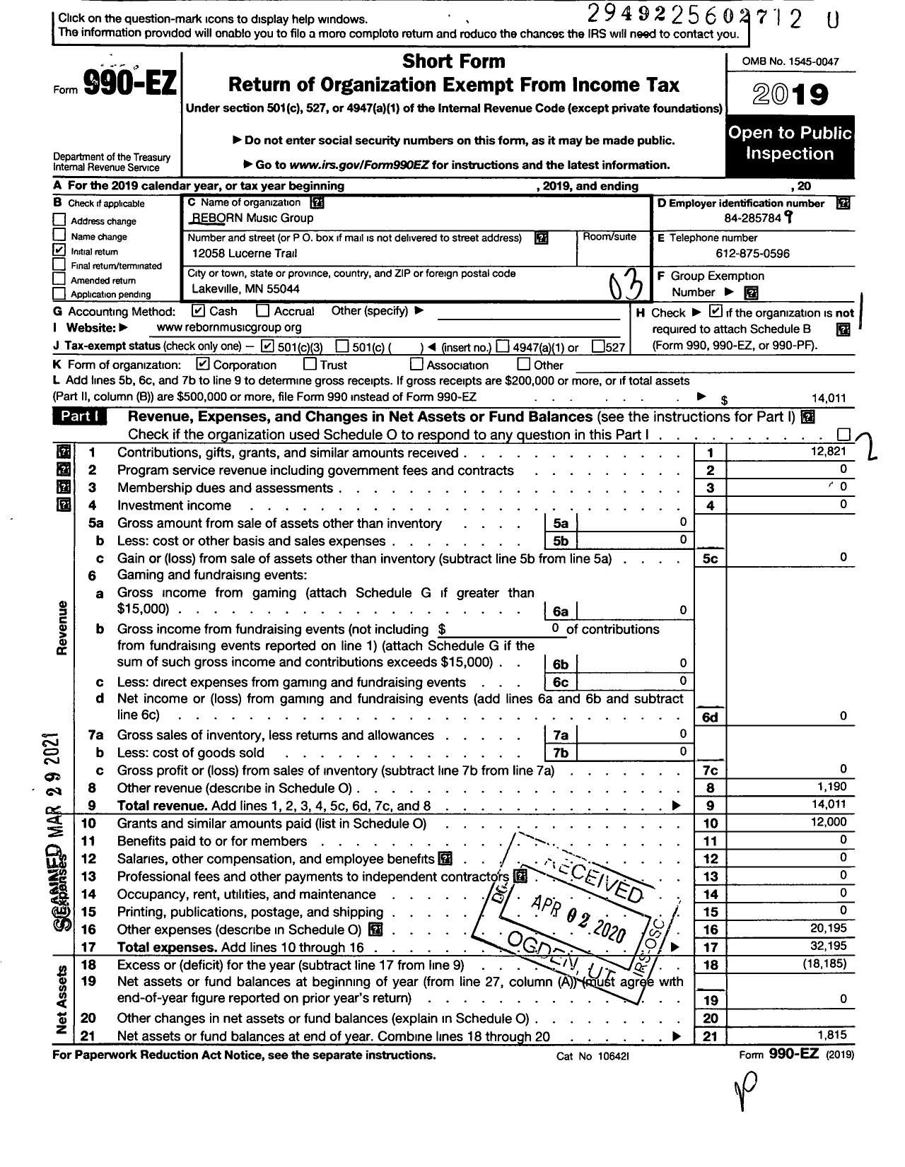 Image of first page of 2019 Form 990EZ for REBORN Music Group