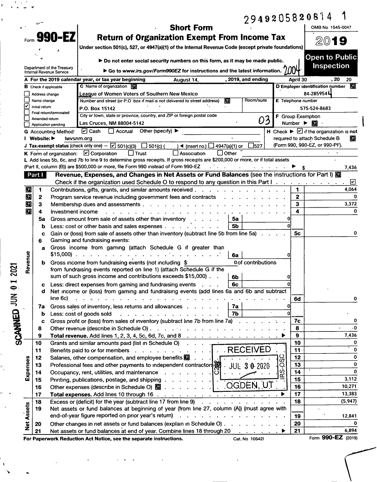 Image of first page of 2019 Form 990EZ for League of Women Voters of Southern New Mexico