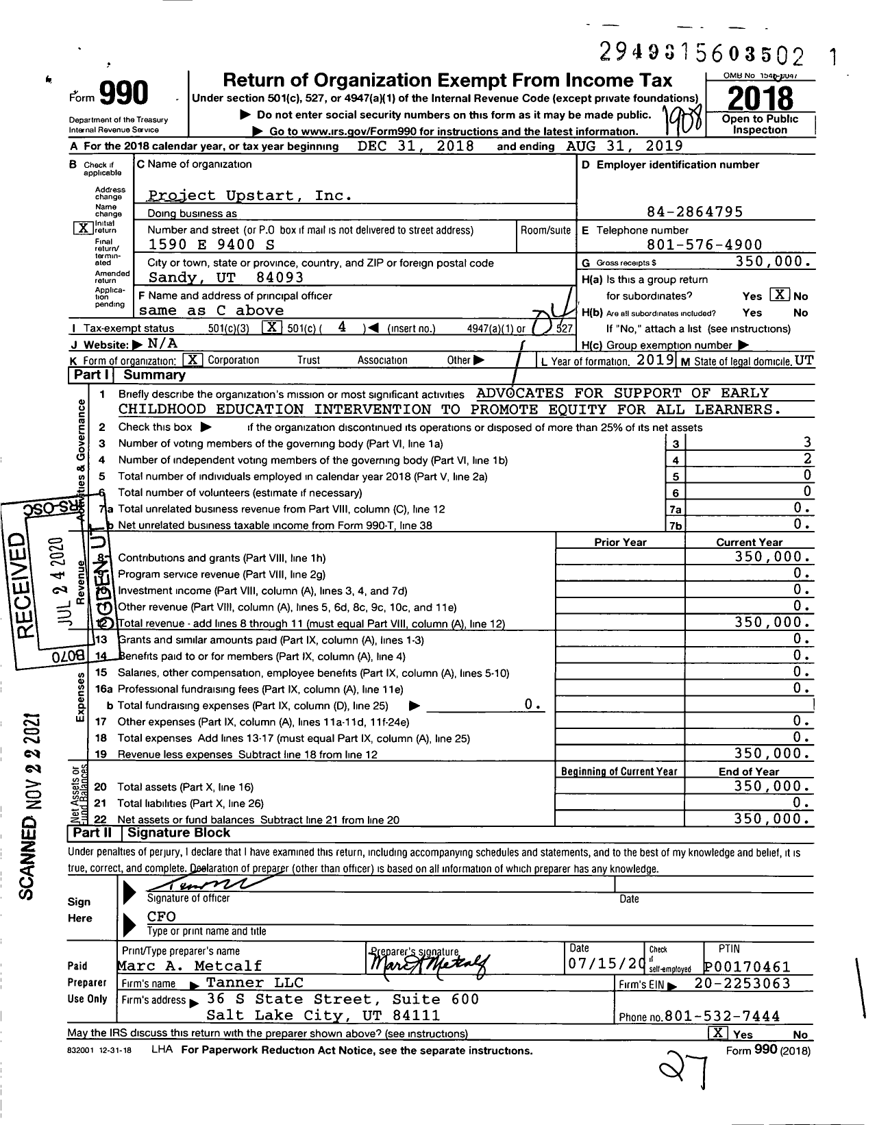 Image of first page of 2018 Form 990O for Project Upstart