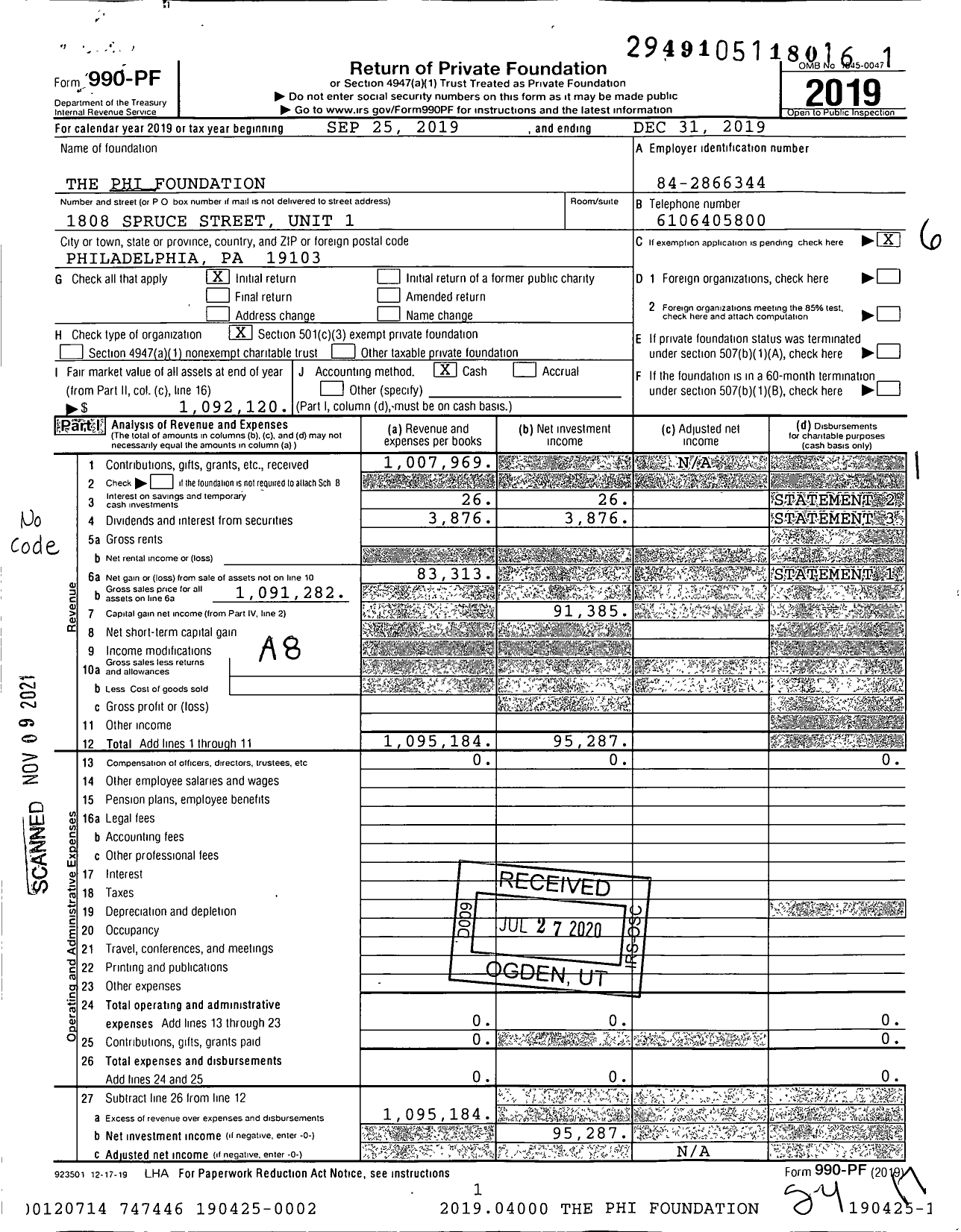 Image of first page of 2019 Form 990PF for The Phi Foundation