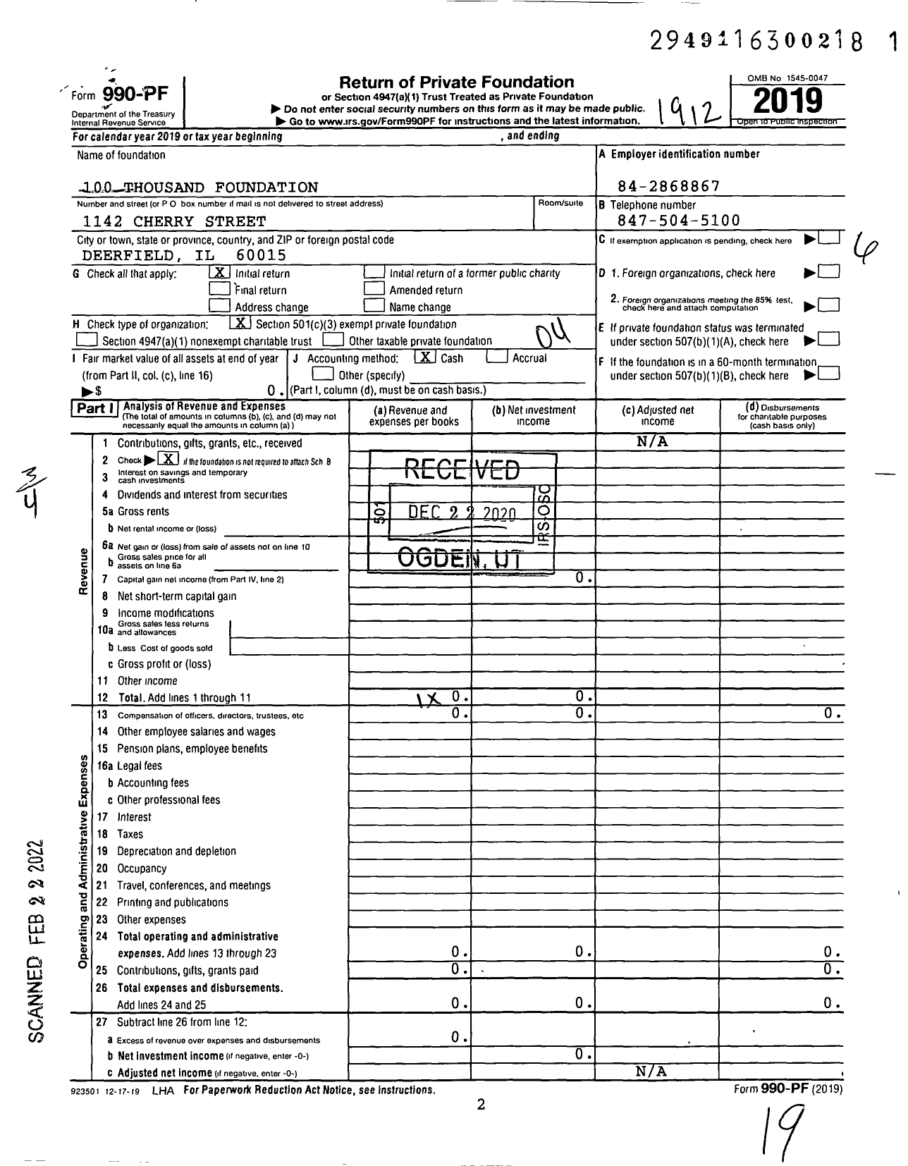 Image of first page of 2019 Form 990PF for 100 Thousand Foundation