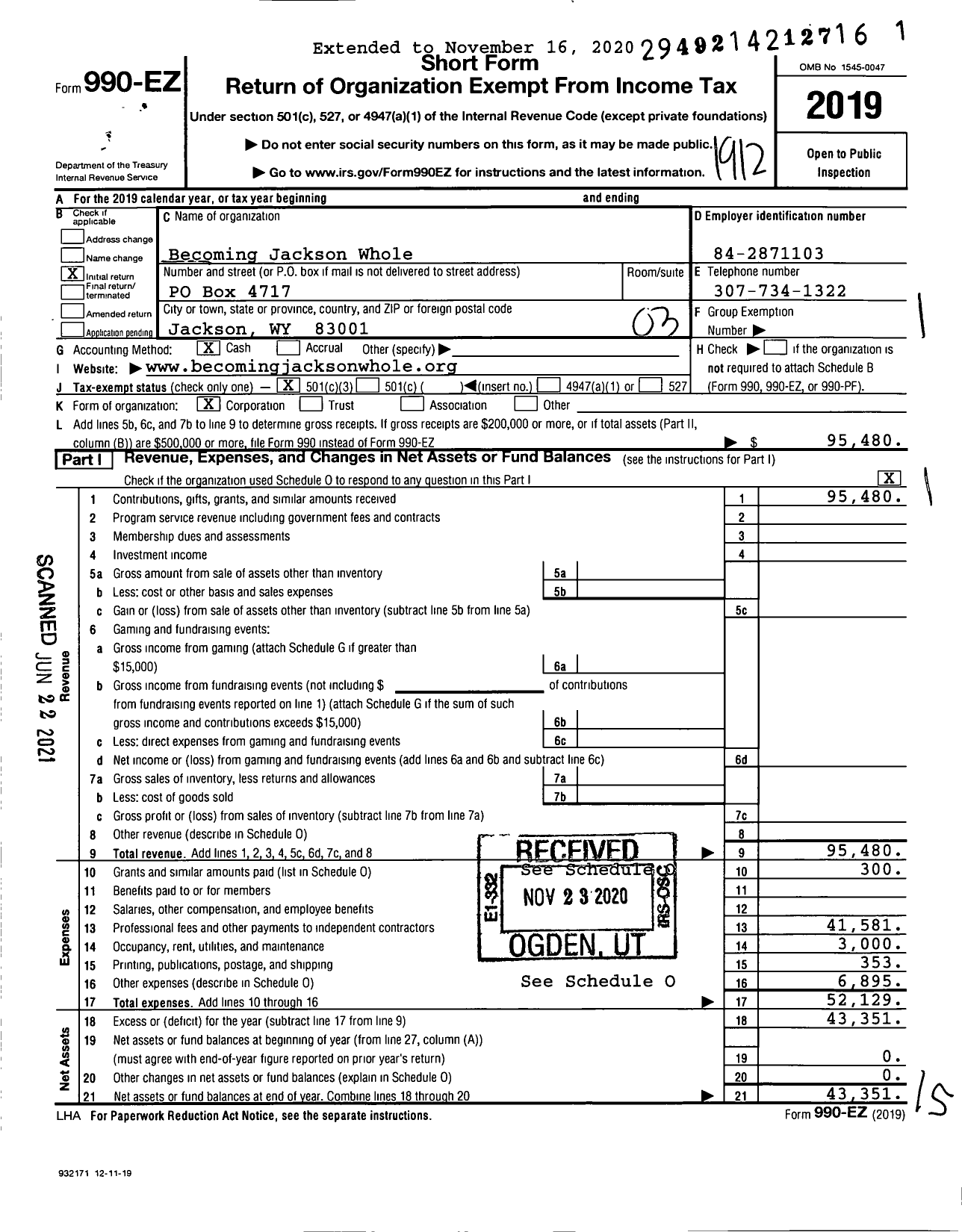 Image of first page of 2019 Form 990EZ for Becoming Jackson Whole